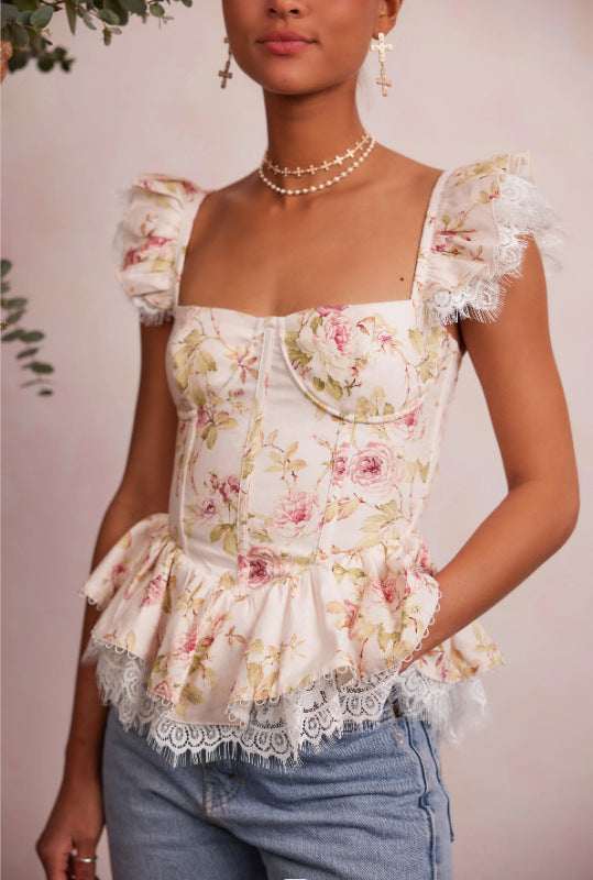 Lace Keel Back Tie Print tank Top kakaclo