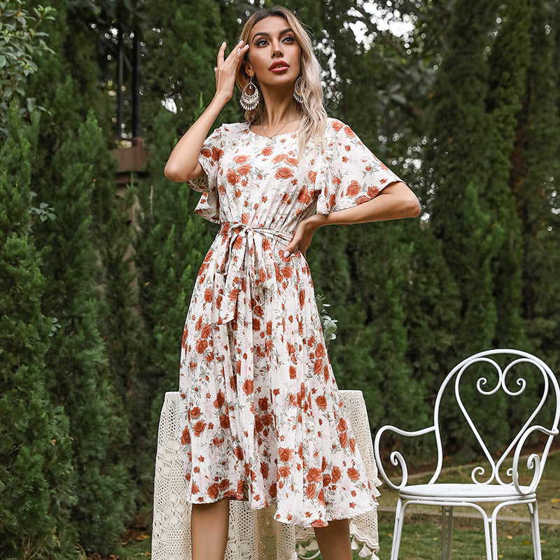 Blue Zone Planet | Floral Ruffle Sleeve Crew Neck Tie Pleated Dress BLUE ZONE PLANET
