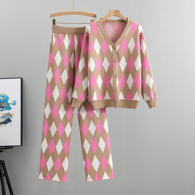 suit fall and winter plaid knit cardigan top pants two-piece tide kakaclo