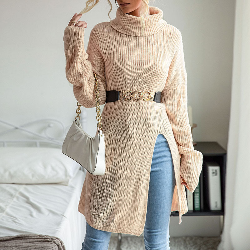 Women's Solid Color Slit Long Sleeve Turtleneck Sweater Dress BLUE ZONE PLANET