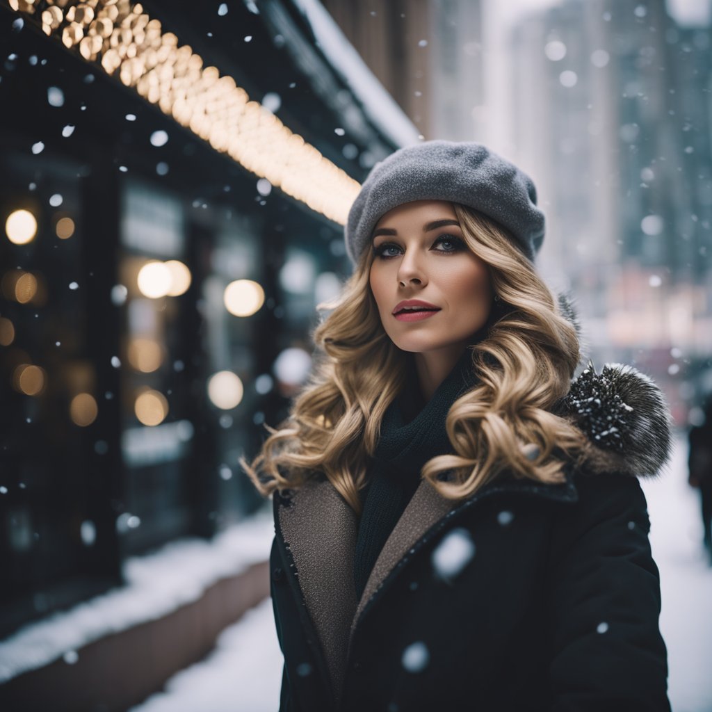 A woman standing outside a Broadway venue in the winter wearing a warm coat - by Blue Zone Planet