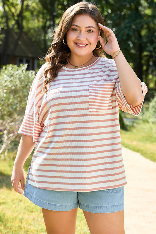 Pink Stripe Waffle Knit Pocketed Half Sleeve Plus Size T Shirt-Plus Size/Plus Size Tops/Plus Size Tops & Tees-[Adult]-[Female]-Pink Stripe-1X-2022 Online Blue Zone Planet