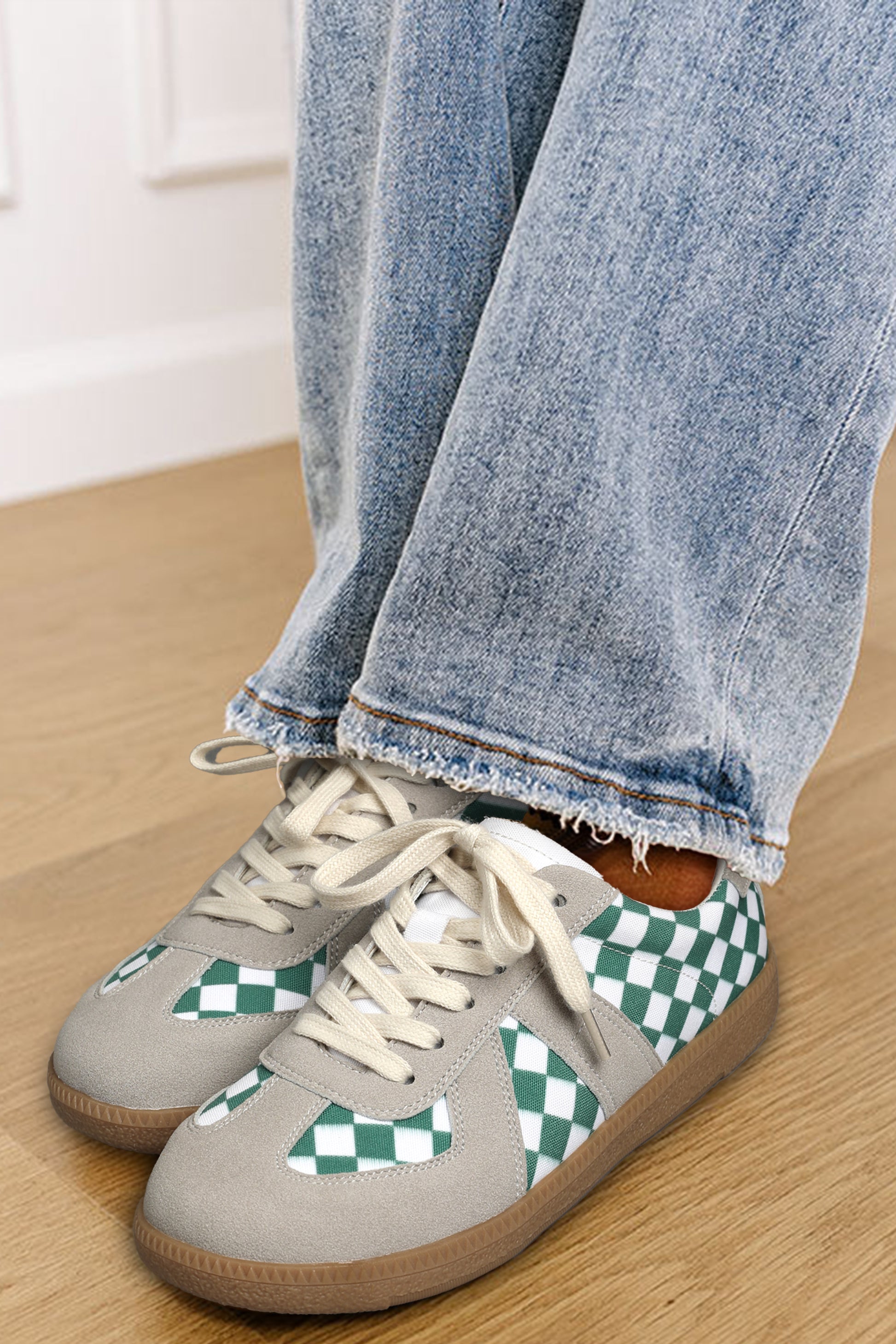 Blue Zone Planet | Sea Green Checkered PU Leather Lace-up Sneakers-SHOES-[Adult]-[Female]-2022 Online Blue Zone Planet