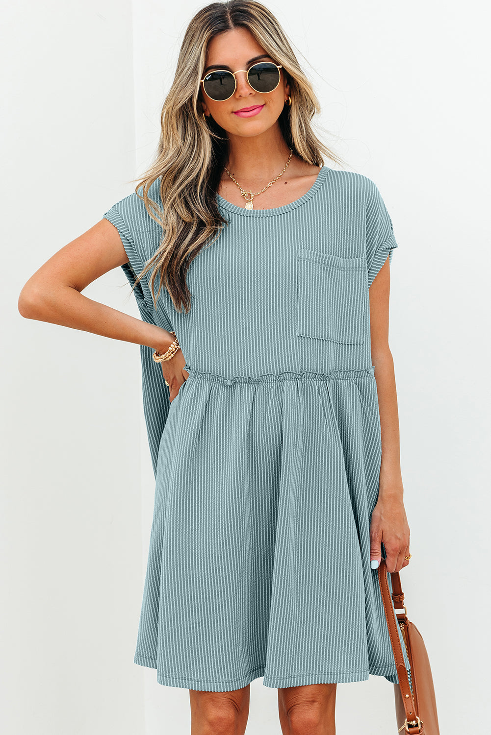 Canton Corded Knit Textured Patched Pocket Frilled Swing Mini Dress with Pockets-TOPS / DRESSES-[Adult]-[Female]-2022 Online Blue Zone Planet