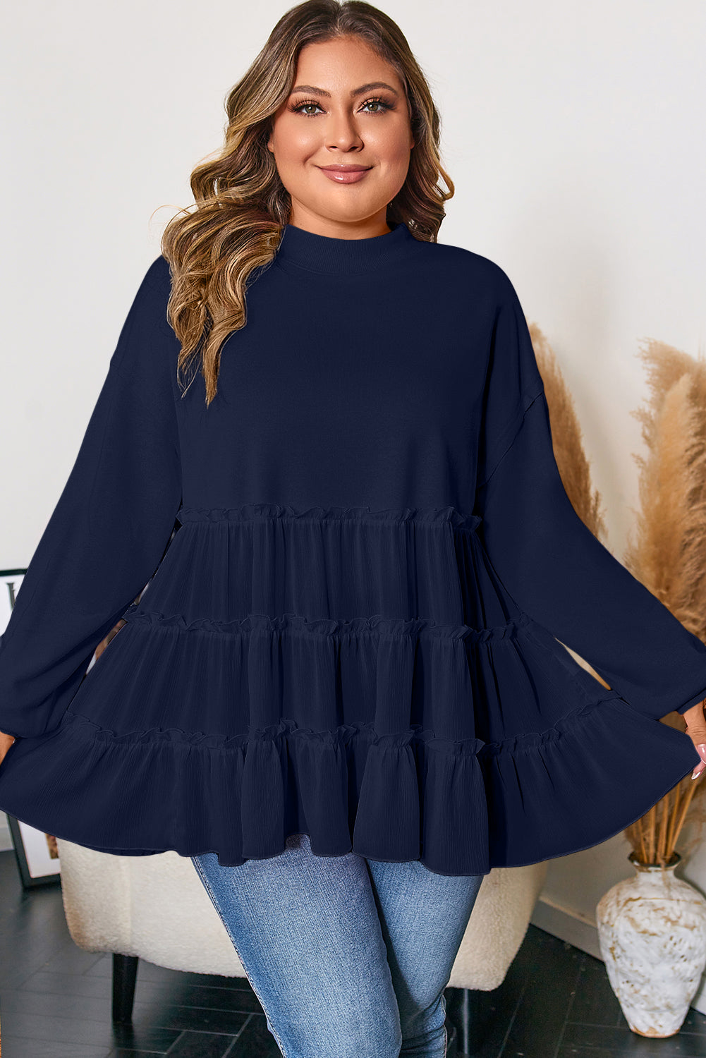 Navy Blue Tiered Ruffle Ribbed Crew Neck Pullover Plus Size Top-Plus Size/Plus Size Tops/Plus Size Blouses & Shirts-[Adult]-[Female]-2022 Online Blue Zone Planet