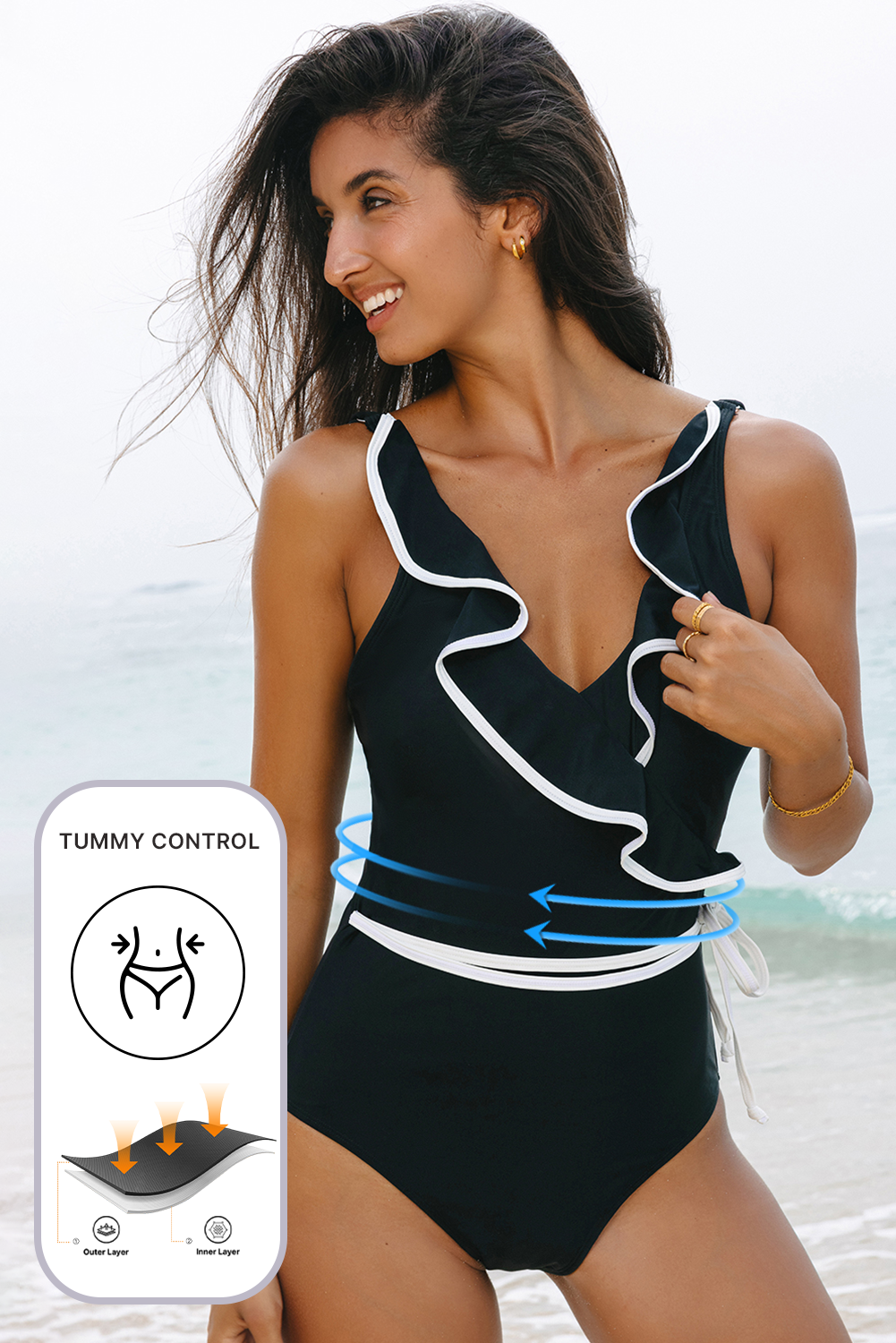 Black Color Contrast Ruffled Wrap V Neck Swimsuit-Swimwear/One Piece Swimsuit-[Adult]-[Female]-2022 Online Blue Zone Planet