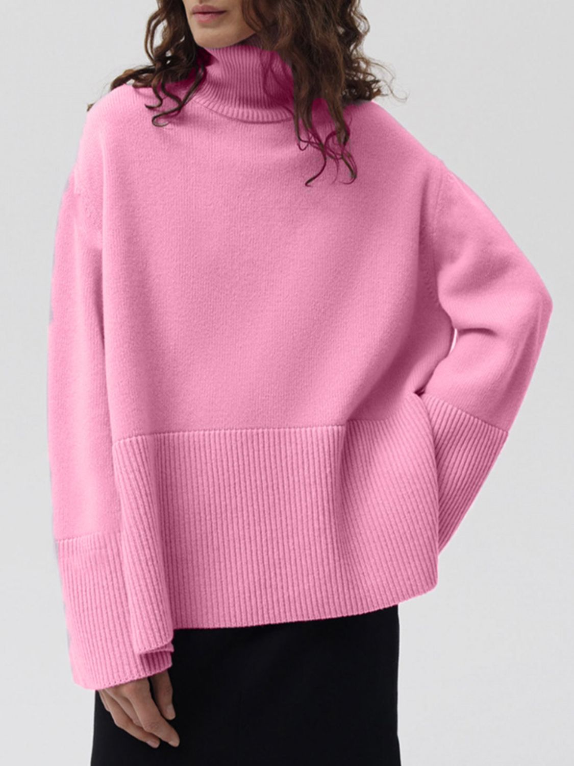 Side Slit Turtleneck Drop Shoulder Sweater-TOPS / DRESSES-[Adult]-[Female]-Pink-One Size-2022 Online Blue Zone Planet