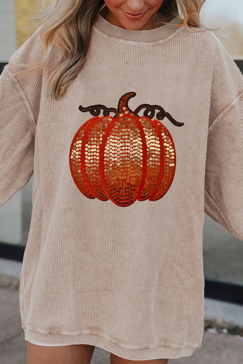 Sequin Pumpkin Round Neck Long Sleeve Sweatshirt-TOPS / DRESSES-[Adult]-[Female]-2022 Online Blue Zone Planet