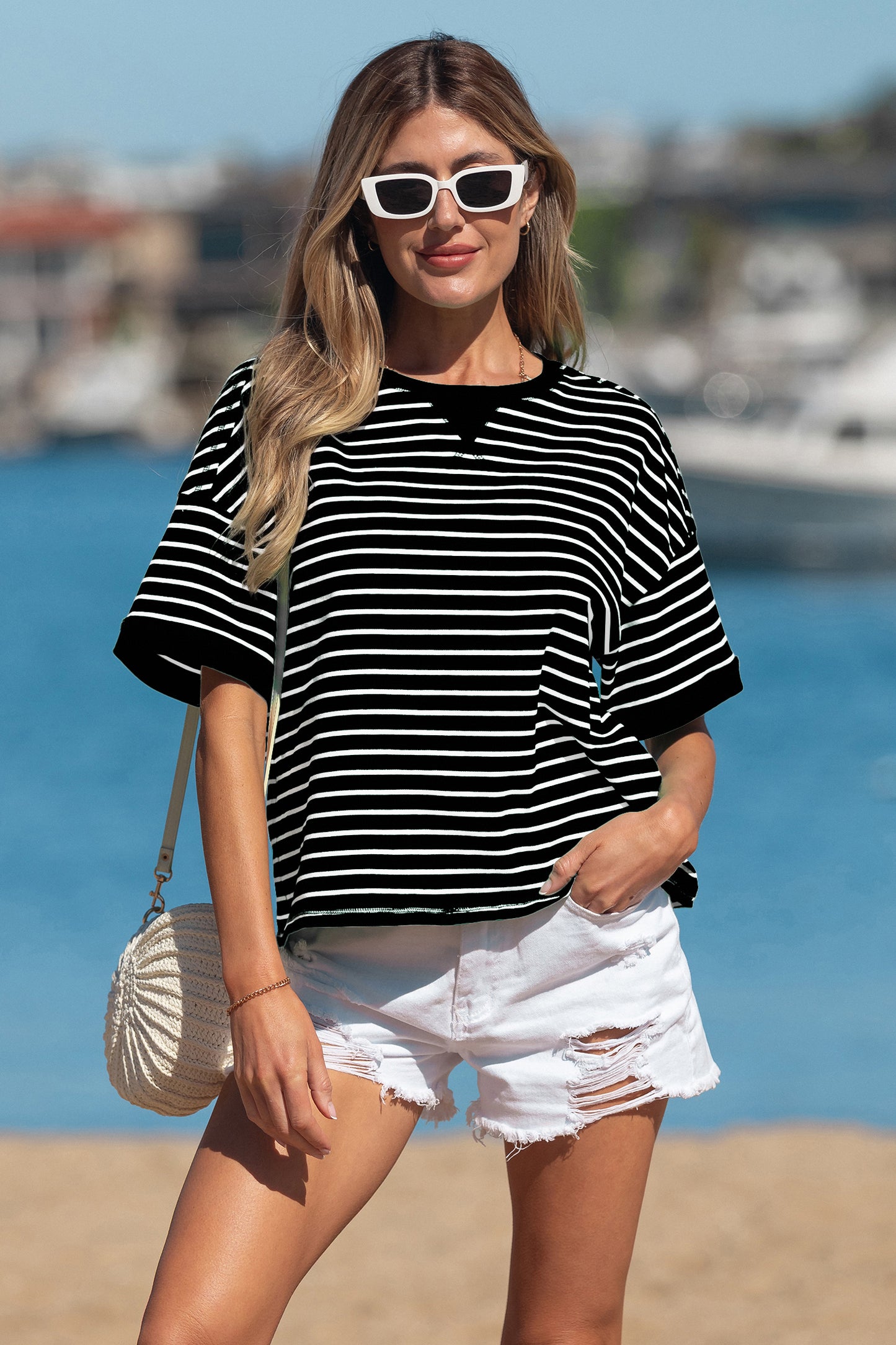 Green Stripe Ribbed Patchwork Seam Detail Half Sleeve Tee-Tops/Tops & Tees-[Adult]-[Female]-Black Stripe-S-2022 Online Blue Zone Planet