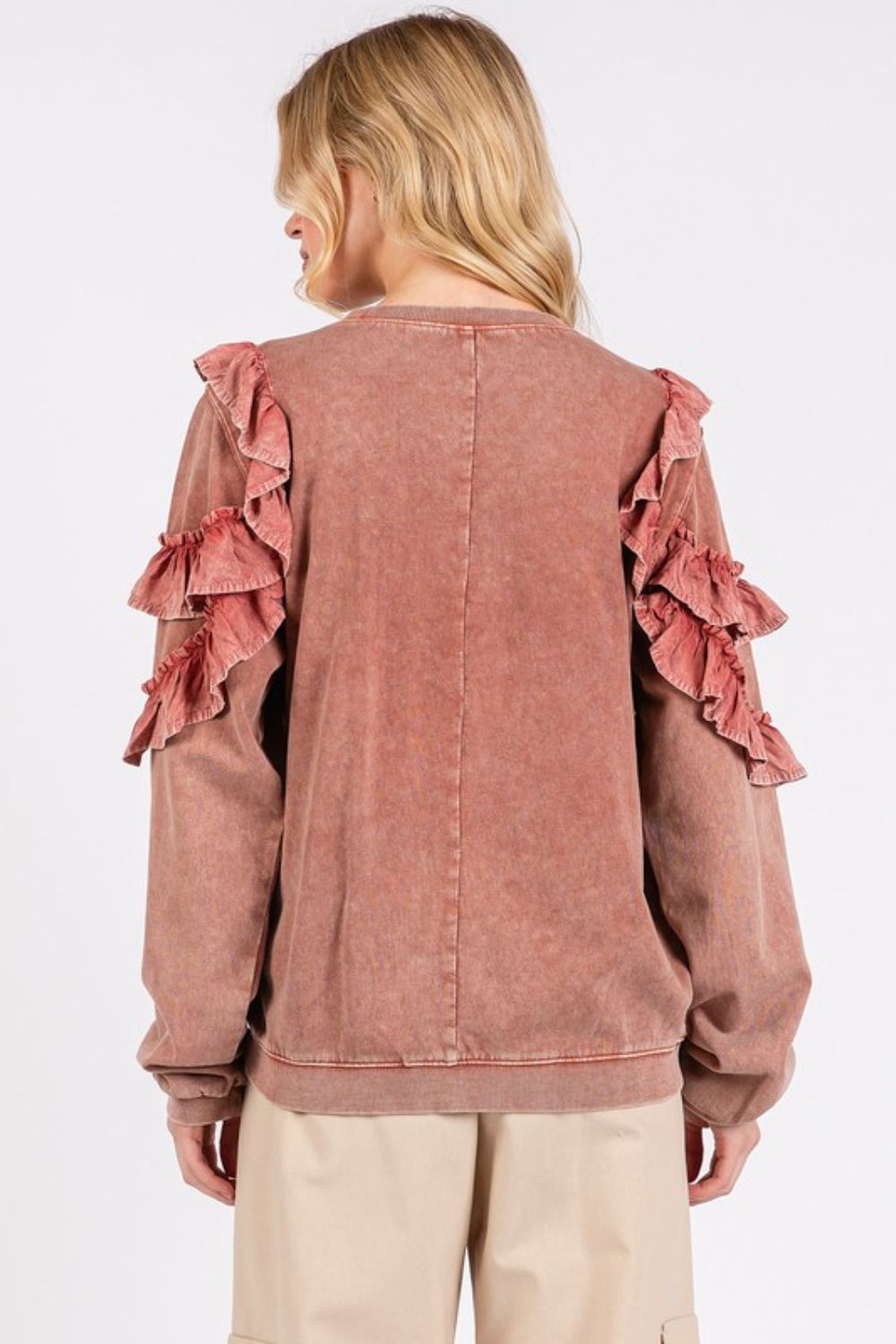 Mittoshop Ruffled Mineral Washed Round Neck Long Sleeve Sweatshirt-TOPS / DRESSES-[Adult]-[Female]-2022 Online Blue Zone Planet