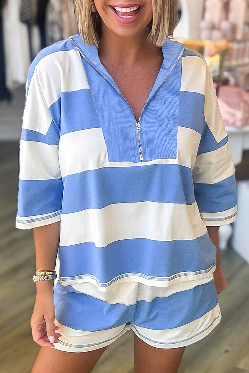 Sky Blue Stripe Seam Detail Half Zip Oversize Tee Casual Shorts 2pcs Set-Two Piece Sets/Short Sets-[Adult]-[Female]-Sky Blue Stripe-S-2022 Online Blue Zone Planet