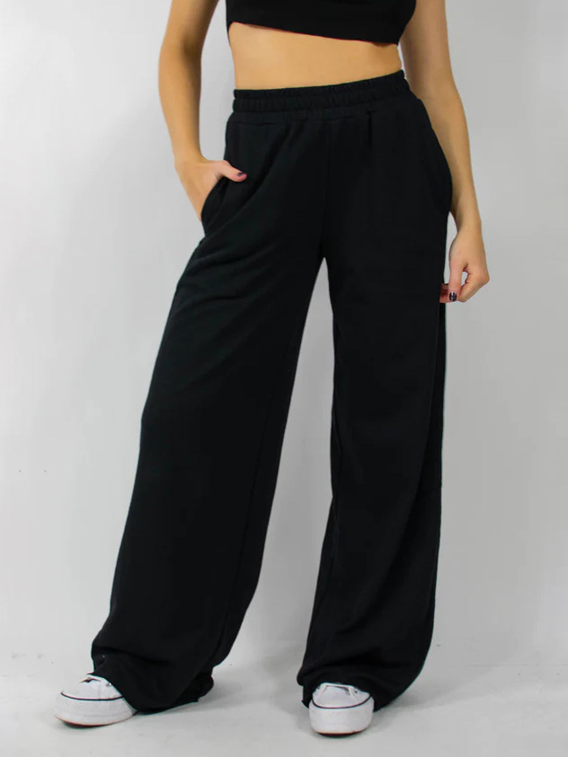 Blue Zone Planet | Elastic Waist Wide Leg Pants-BOTTOMS SIZES SMALL MEDIUM LARGE-[Adult]-[Female]-Black-S-2022 Online Blue Zone Planet