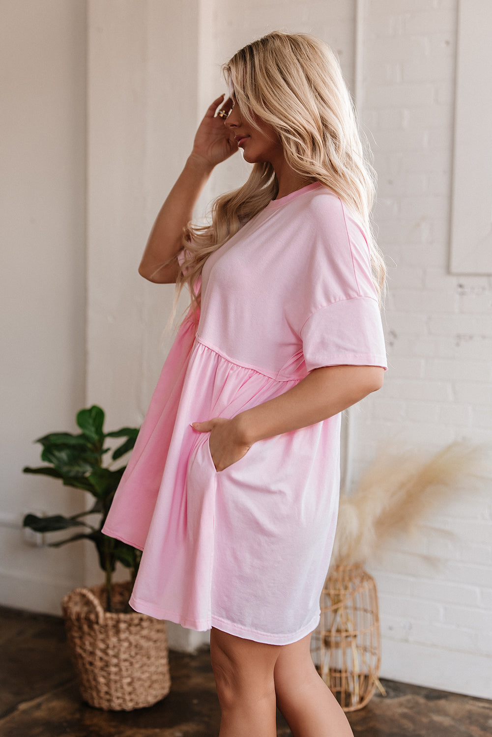 Light Pink Solid Color Pocketed Raw Edge Babydoll Dress-TOPS / DRESSES-[Adult]-[Female]-2022 Online Blue Zone Planet