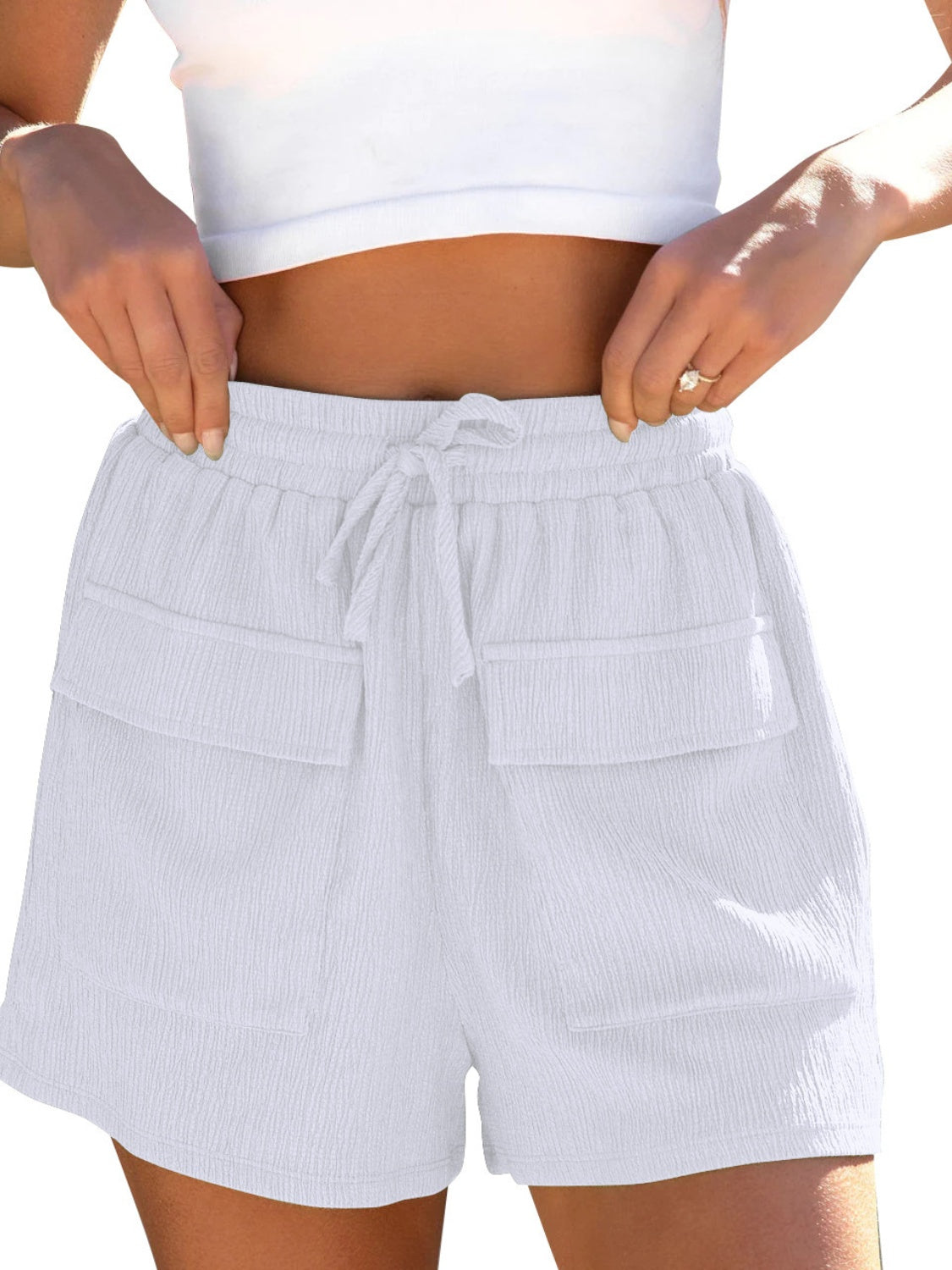 Drawstring High Waist Shorts with Pockets-BOTTOMS SIZES SMALL MEDIUM LARGE-[Adult]-[Female]-White-S-2022 Online Blue Zone Planet