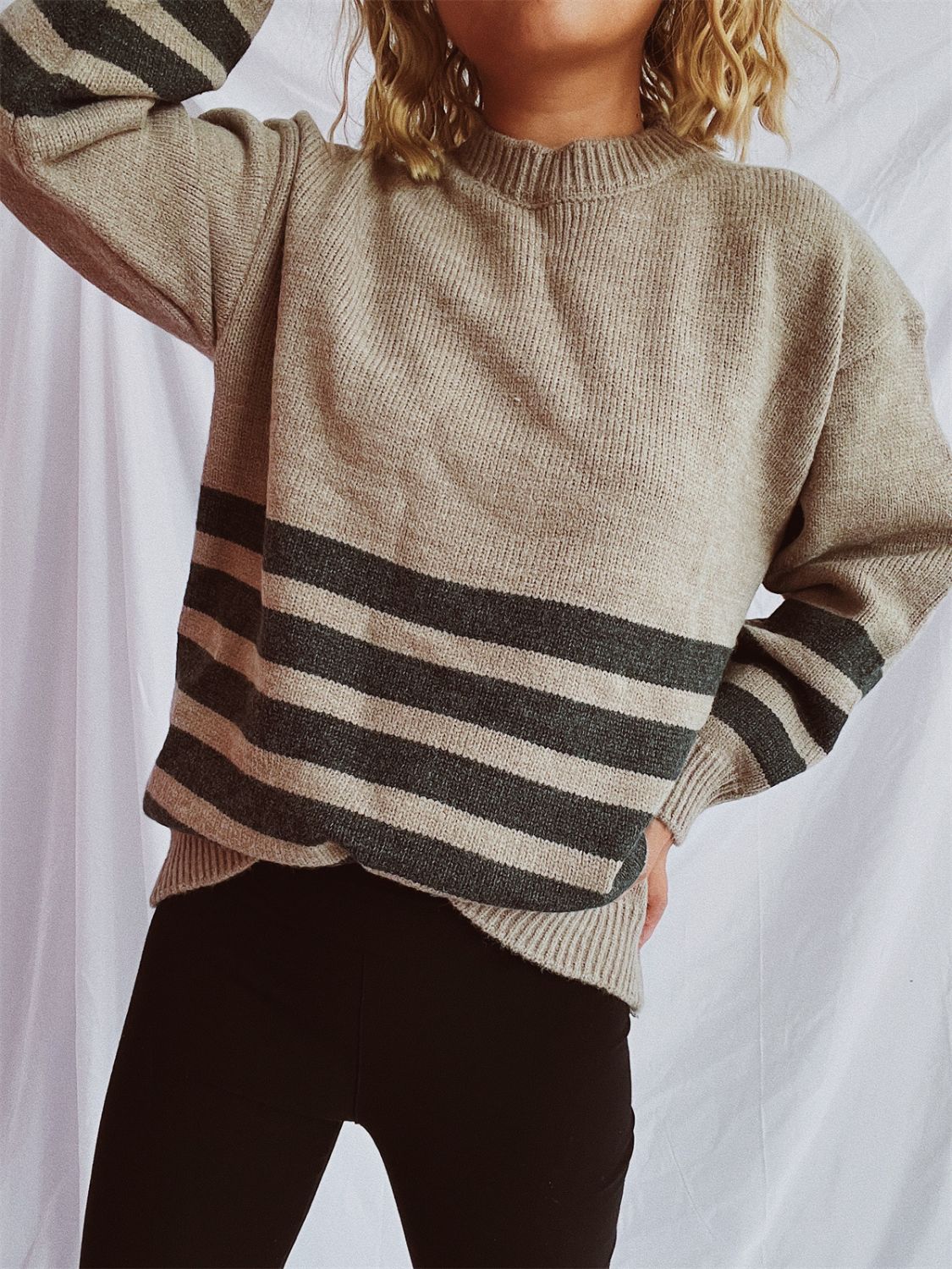 Striped Dropped Shoulder Long Sleeve Sweater-TOPS / DRESSES-[Adult]-[Female]-2022 Online Blue Zone Planet