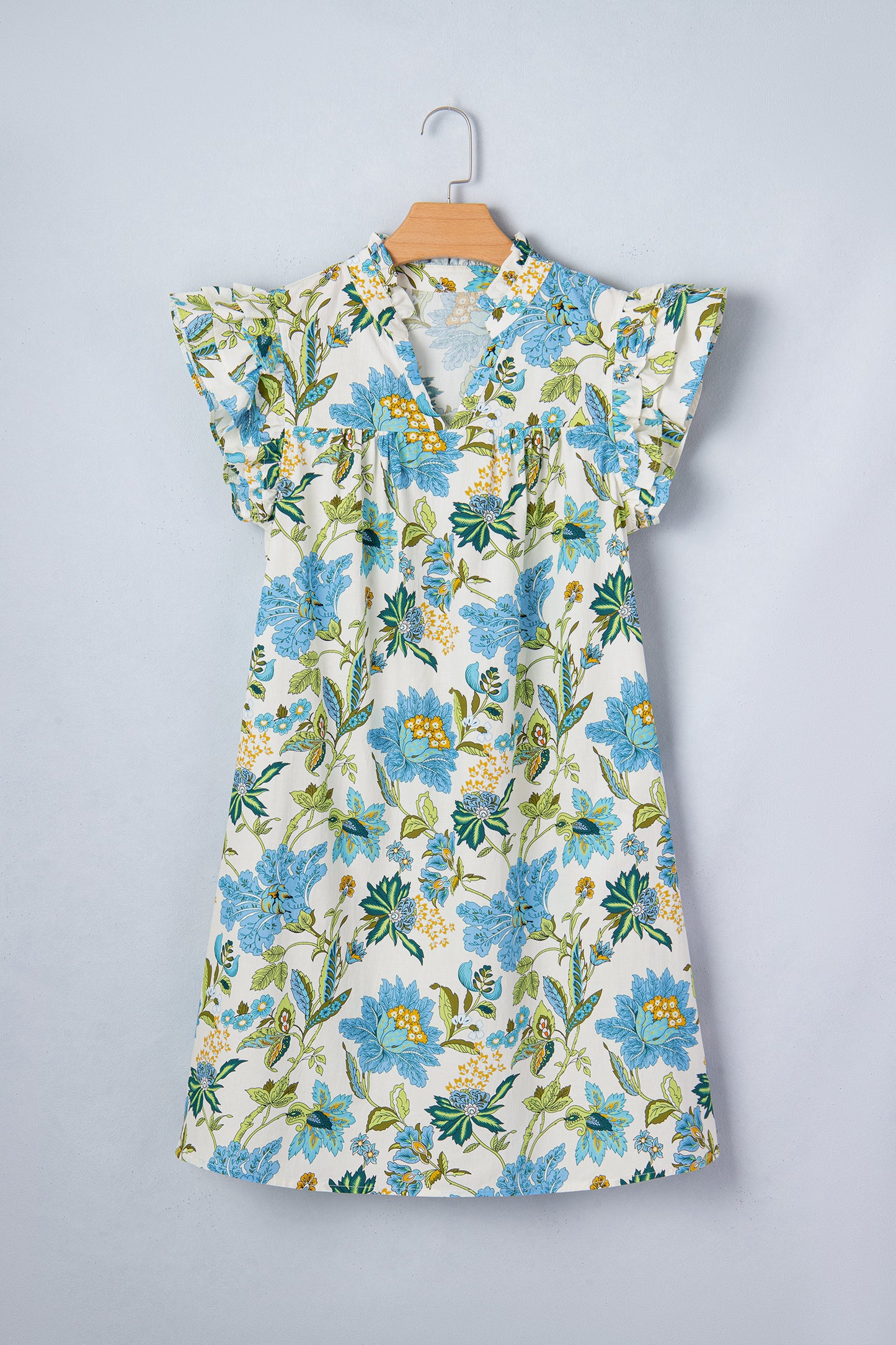 Beige Floral Print V Neck Triple Ruffle Short Sleeve Shift Mini Dress-TOPS / DRESSES-[Adult]-[Female]-2022 Online Blue Zone Planet