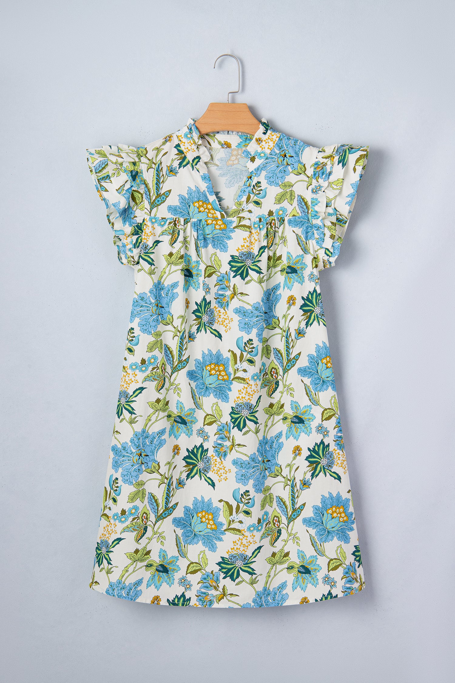 Beige Floral Print V Neck Triple Ruffle Short Sleeve Shift Mini Dress-TOPS / DRESSES-[Adult]-[Female]-2022 Online Blue Zone Planet