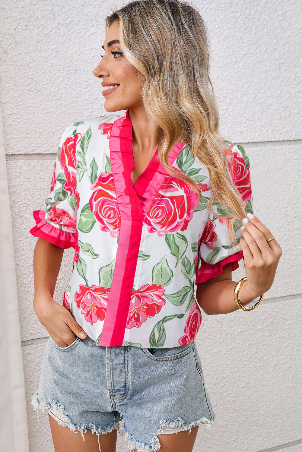 Rose Floral Frilled V Neck Short Sleeve Blouse Top-Tops/Blouses & Shirts-[Adult]-[Female]-2022 Online Blue Zone Planet