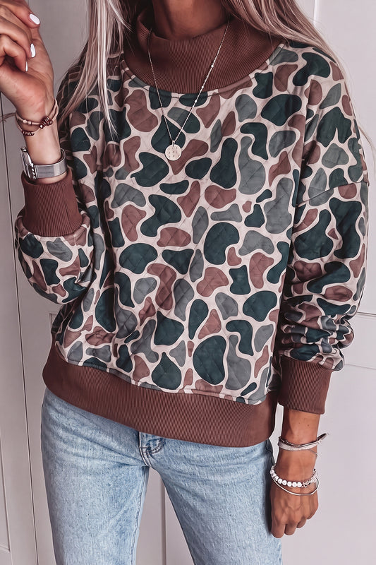 Multicolour Camouflage Print Quilted Contrast Ribbed Mock Neck Sweatshirt-Tops/Sweatshirts & Hoodies-[Adult]-[Female]-Multicolour-S-2022 Online Blue Zone Planet