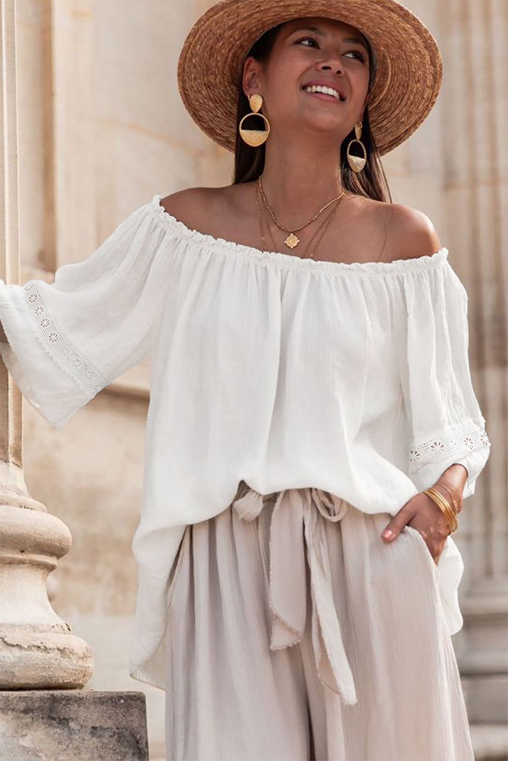 White Frilly Off Shoulder Lace Insert Sleeve Textured Blouse-Tops/Blouses & Shirts-[Adult]-[Female]-2022 Online Blue Zone Planet