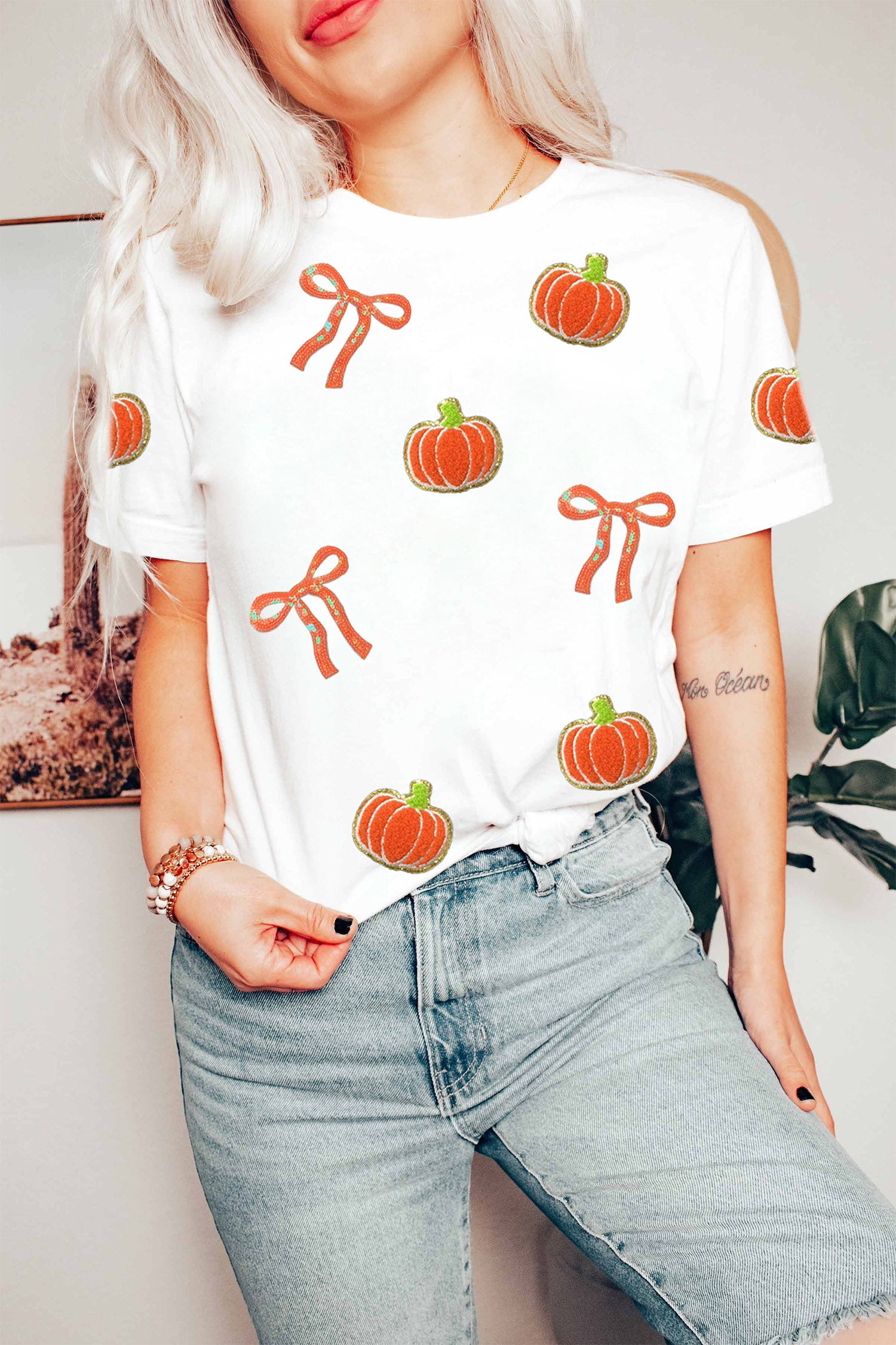 White Sequin Chenille Pumpkin Bow Pattern Casual Short T Shirt-Graphic/Graphic Tees-[Adult]-[Female]-2022 Online Blue Zone Planet