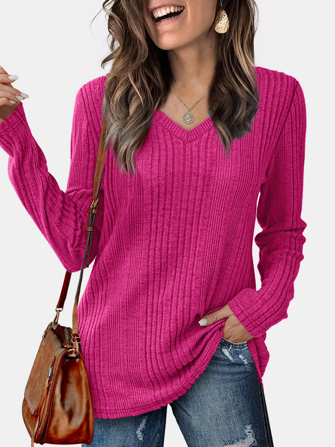 V-Neck Long Sleeve T-Shirt-TOPS / DRESSES-[Adult]-[Female]-Hot Pink-S-2022 Online Blue Zone Planet