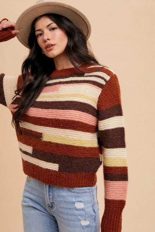 Annie Wear Color Block Round Neck Long Sleeve Sweater-TOPS / DRESSES-[Adult]-[Female]-2022 Online Blue Zone Planet