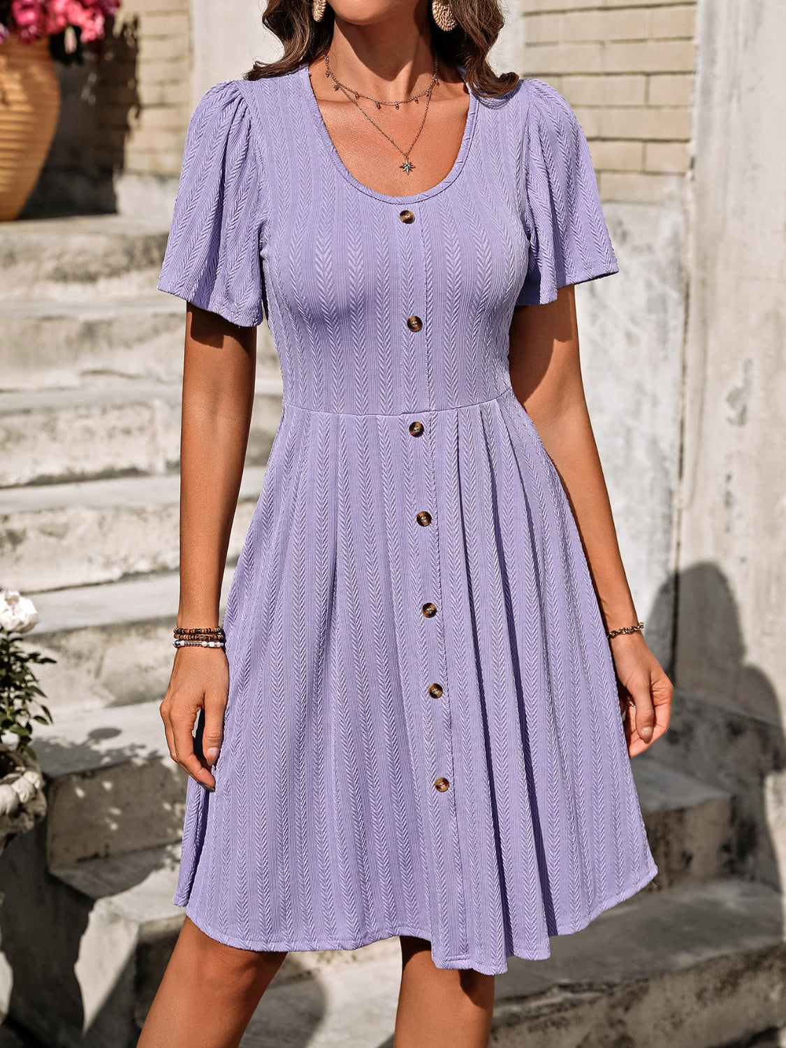 Decorative Button Scoop Neck Short Sleeve Dress-TOPS / DRESSES-[Adult]-[Female]-Lavender-S-2022 Online Blue Zone Planet