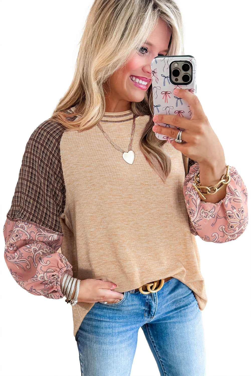 Blue Zone Planet | Fushia Floral Plaid Mixed Print Patchwork Raglan Ribbed Top-Long Sleeve Tops-[Adult]-[Female]-2022 Online Blue Zone Planet