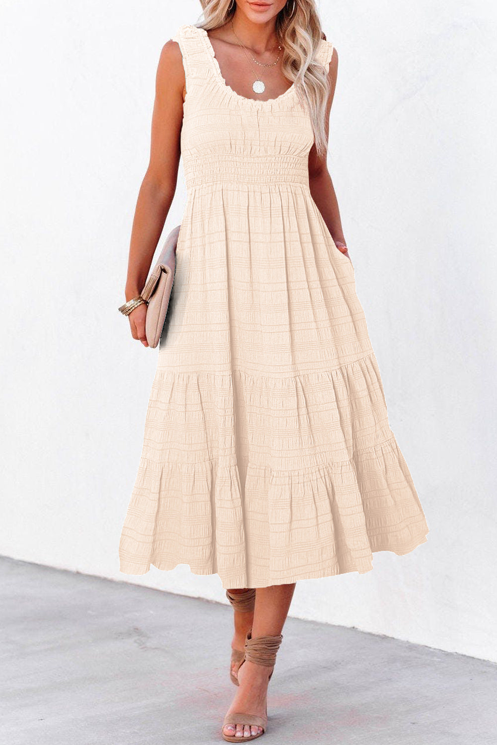 Sky Blue Shirred Pleated Square Neck Sleeveless Midi Dress-Dresses/Midi Dresses-[Adult]-[Female]-2022 Online Blue Zone Planet