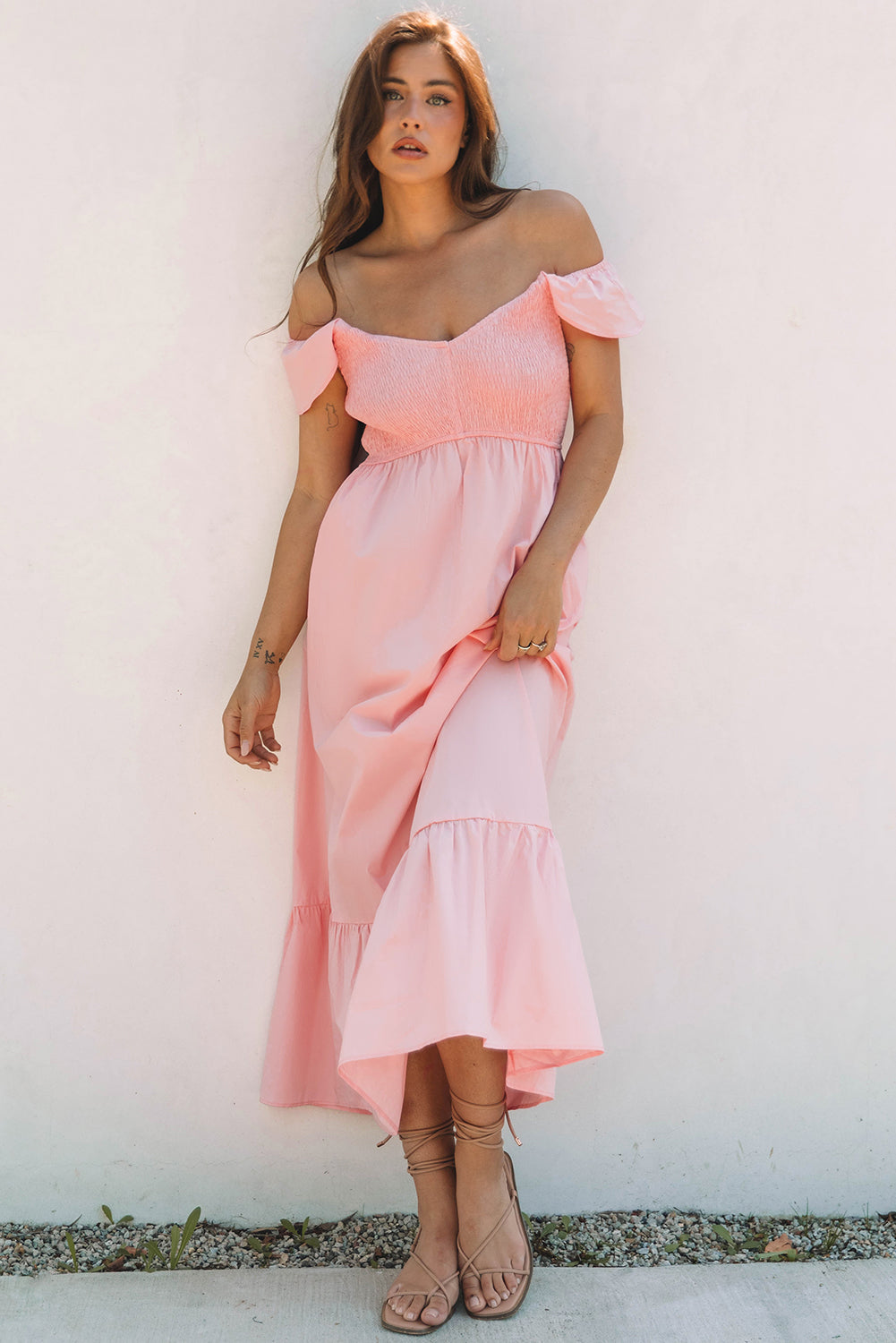 Pink V Neck Flutter Sleeve Smocked Bodice High Waist Ruffle Maxi Dress-Dresses/Maxi Dresses-[Adult]-[Female]-2022 Online Blue Zone Planet