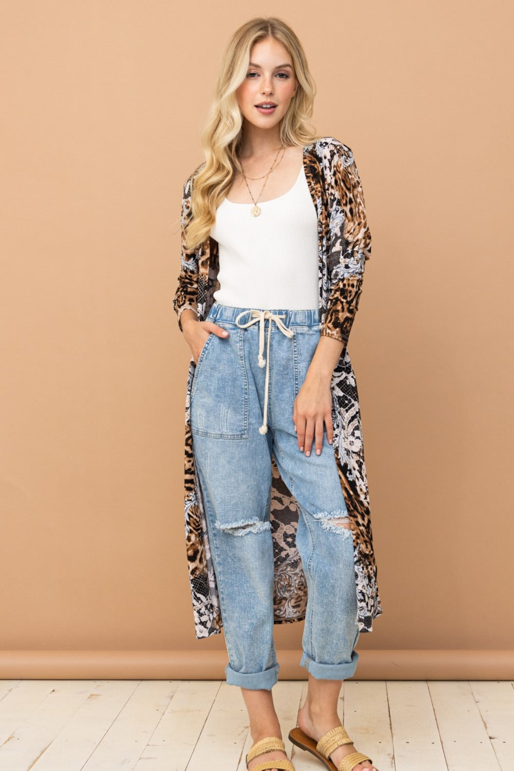 And The Why Leopard Kimono Open Front Longline Cardigan-TOPS / DRESSES-[Adult]-[Female]-Leopard-S-2022 Online Blue Zone Planet