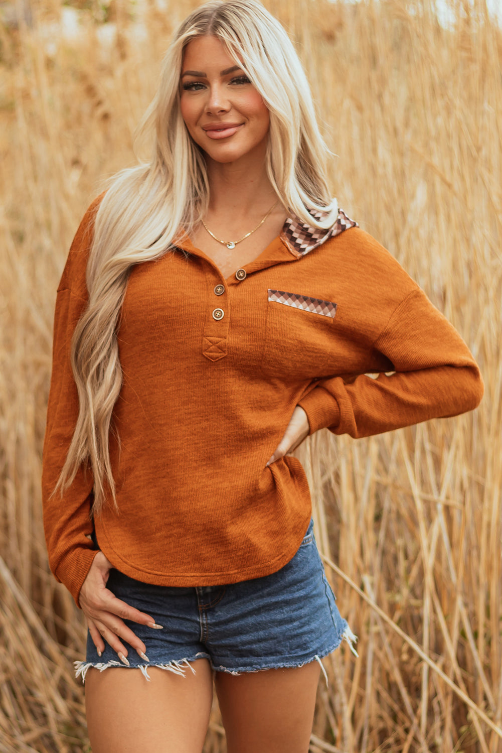 Straw Yellow Contrast Plaid Hood Patchwork Chest Pocket Henley Top-Tops / Dresses-[Adult]-[Female]-2022 Online Blue Zone Planet