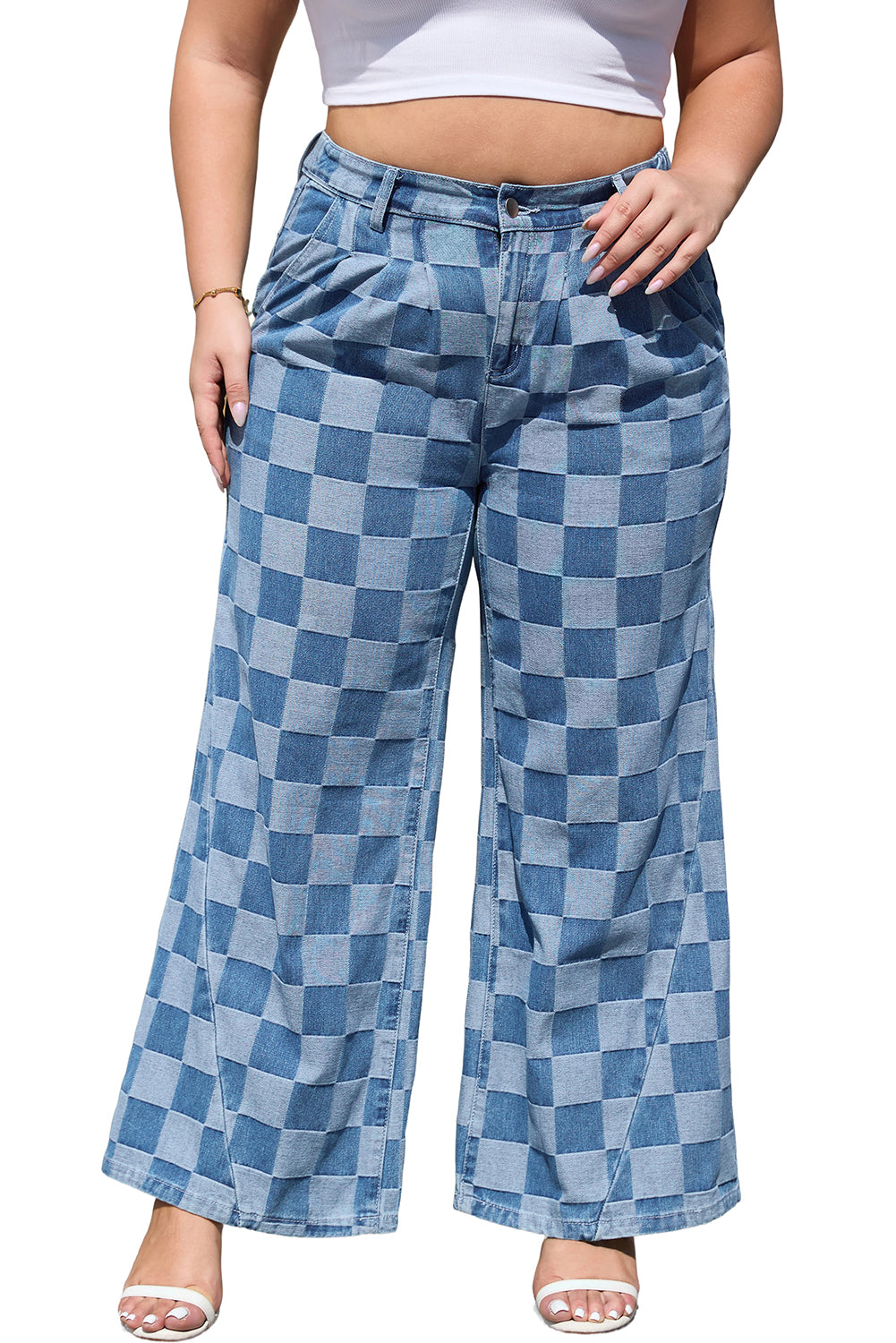 Blue Zone Planet | Dusk Blue Plus Size Checkered Seamed High Waist Wide Leg Jeans-Plus Size/Plus Size Bottoms-[Adult]-[Female]-2022 Online Blue Zone Planet