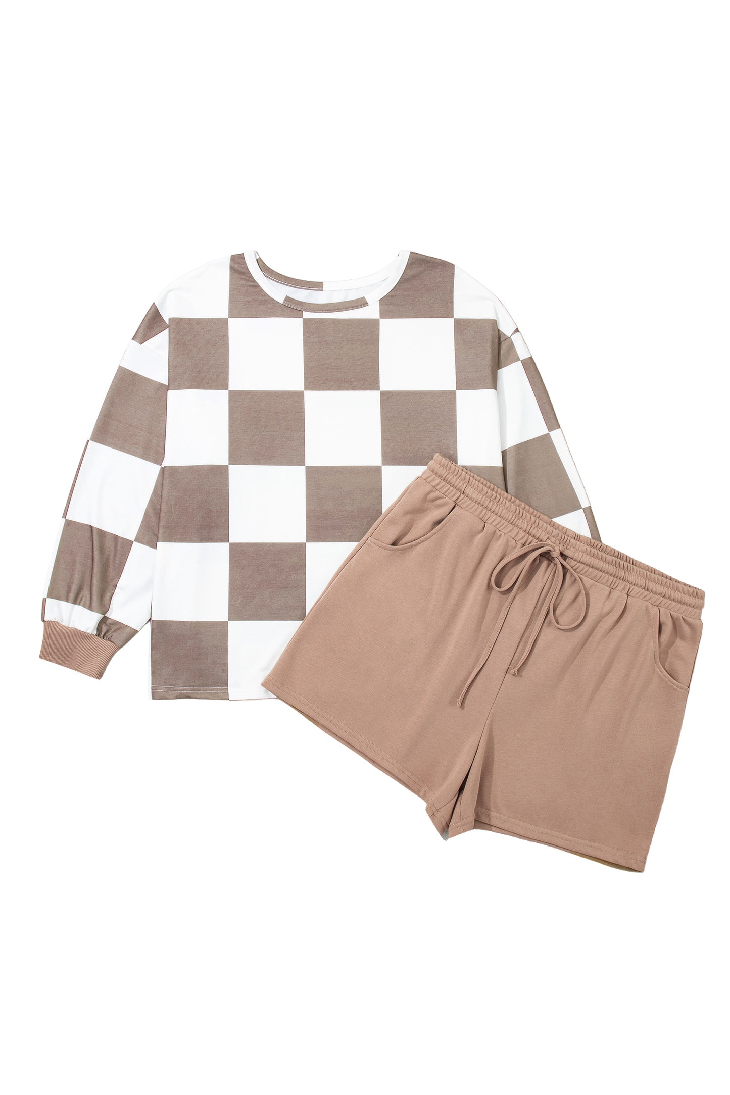 Khaki Checkered Contrast Long Sleeve Top Solid Shorts Plus Size 2pcs Set-Plus Size/Plus Size Loungewear-[Adult]-[Female]-2022 Online Blue Zone Planet