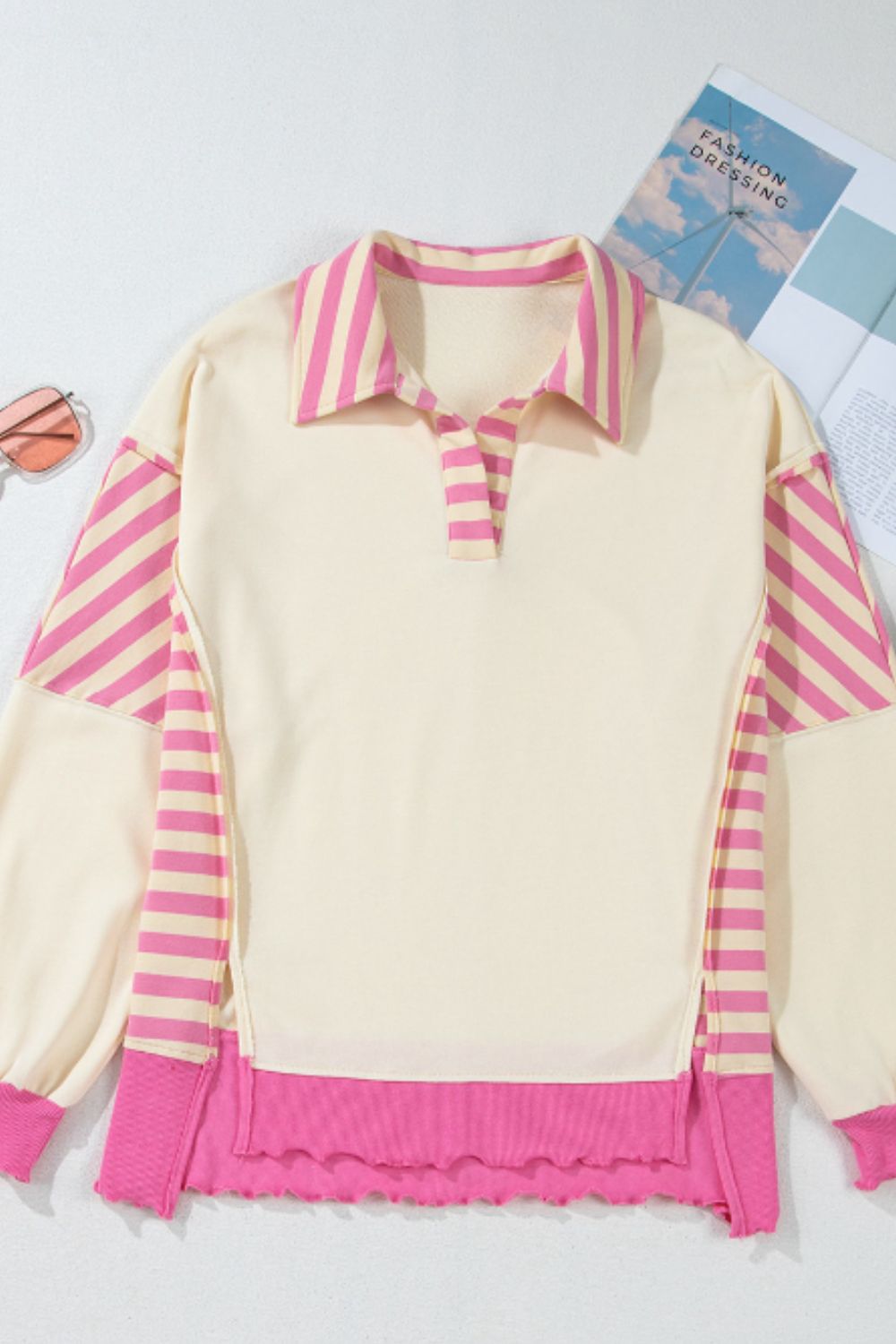 Blue Zone Planet | Striped Johnny Collar Long Sleeve Sweatshirt-TOPS / DRESSES-[Adult]-[Female]-2022 Online Blue Zone Planet