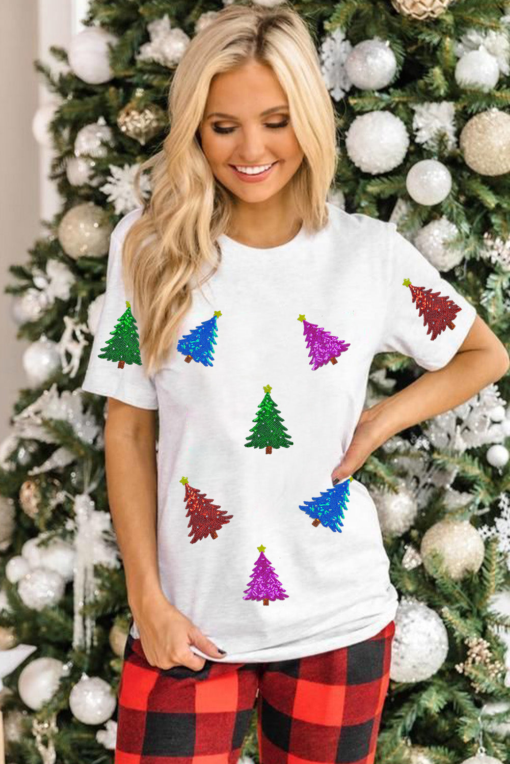 White Glitter Christmas Tree Pattern Cuffed Sleeve Christmas T Shirt-Graphic/Graphic Tees-[Adult]-[Female]-2022 Online Blue Zone Planet