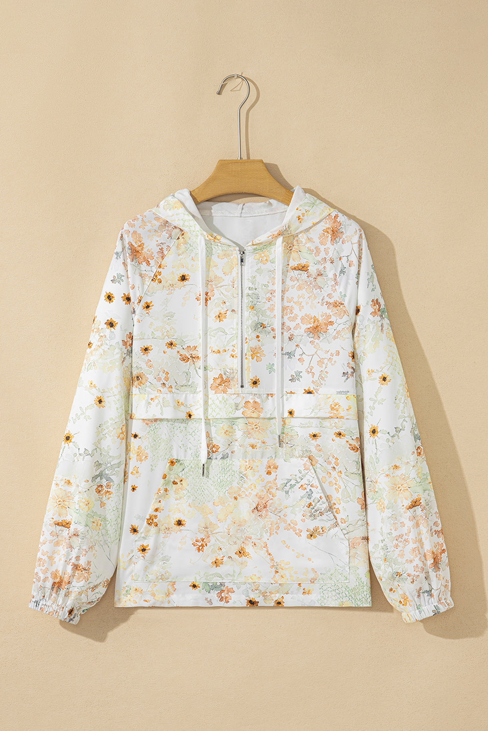 Yellow Floral Print Half Zip Hooded Long Sleeve Top-Tops / Dresses-[Adult]-[Female]-2022 Online Blue Zone Planet