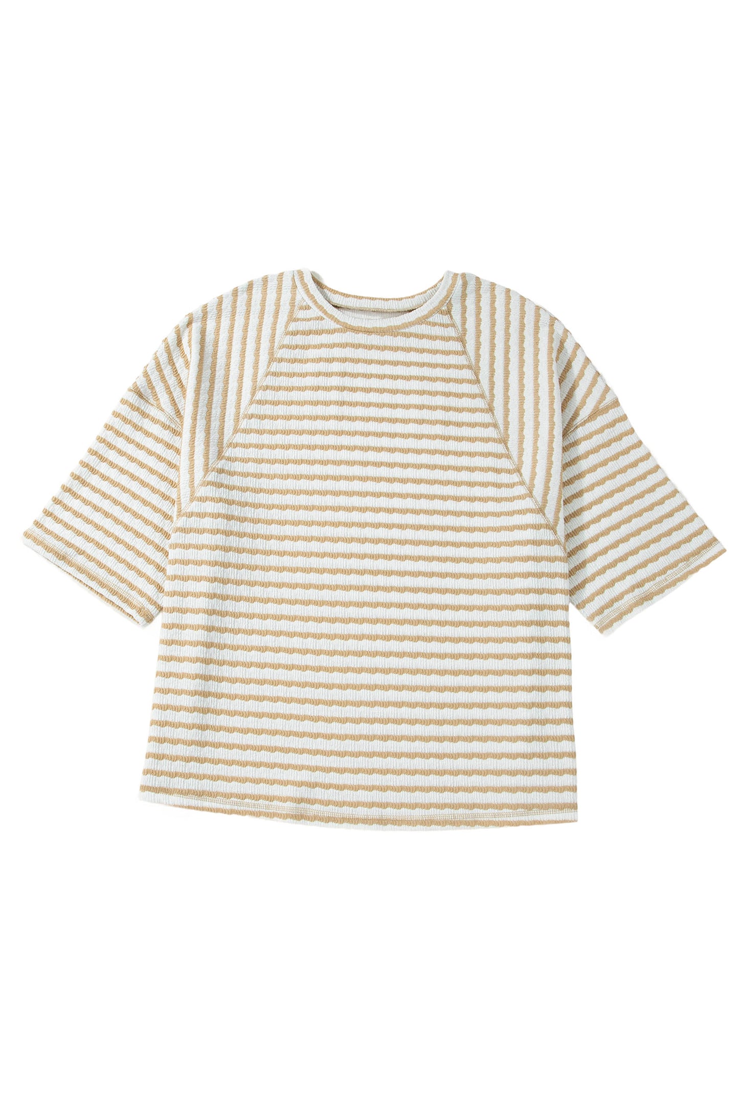 Apricot Stripe Plus Size Textured Patchwork Detail Half Sleeve Top-Plus Size/Plus Size Tops/Plus Size Tops & Tees-[Adult]-[Female]-2022 Online Blue Zone Planet