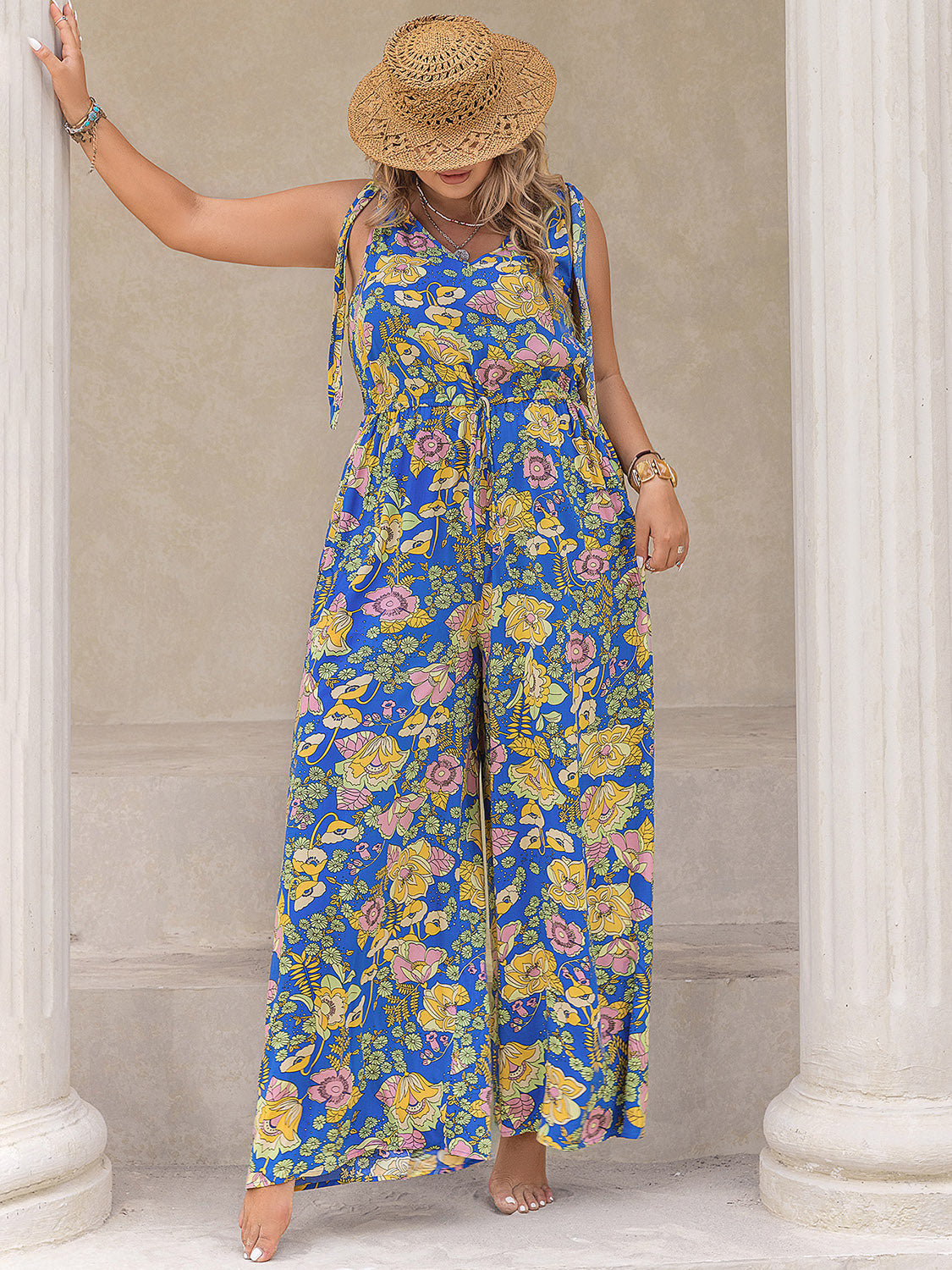 Plus Size Printed V-Neck Wide Leg Jumpsuit-TOPS / DRESSES-[Adult]-[Female]-2022 Online Blue Zone Planet