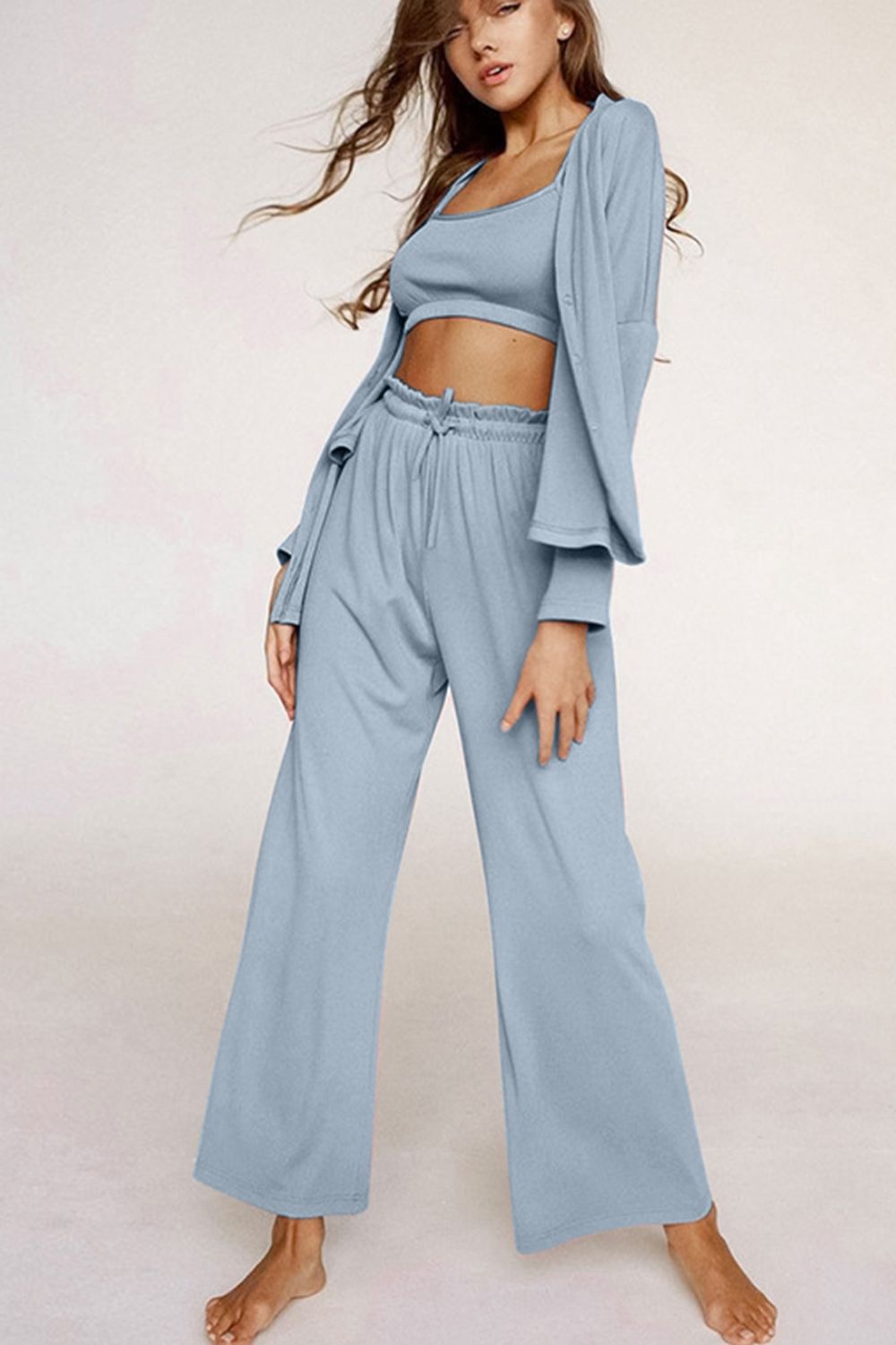 Spaghetti Strap Bra, Open Front Cardigan and Drawstring Pants Set-TOPS / DRESSES-[Adult]-[Female]-Light Blue-S-2022 Online Blue Zone Planet