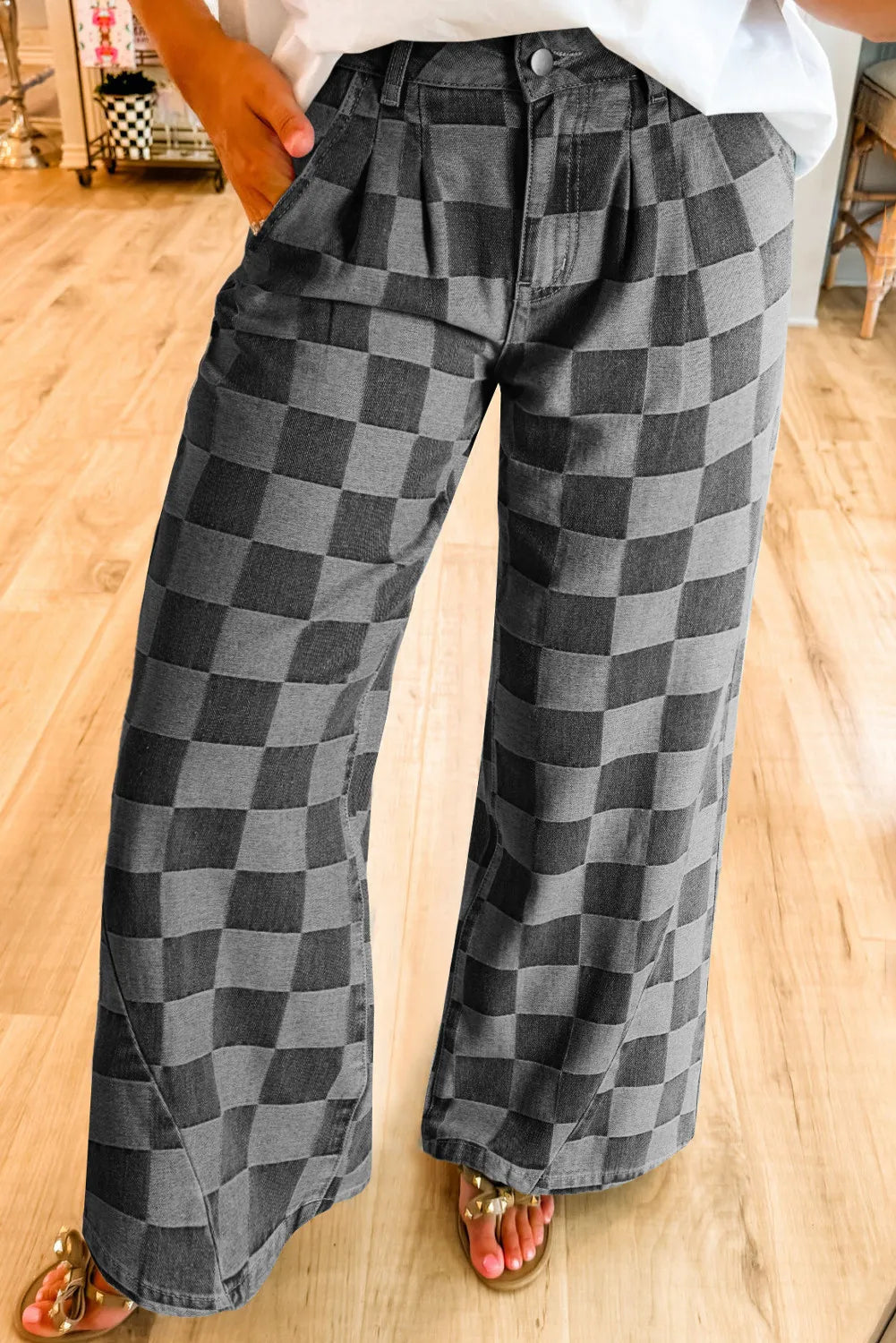 Blue Zone Planet | Checkered Wide Leg Jeans with Pockets-BOTTOMS SIZES SMALL MEDIUM LARGE-[Adult]-[Female]-Dark Gray-4-2022 Online Blue Zone Planet