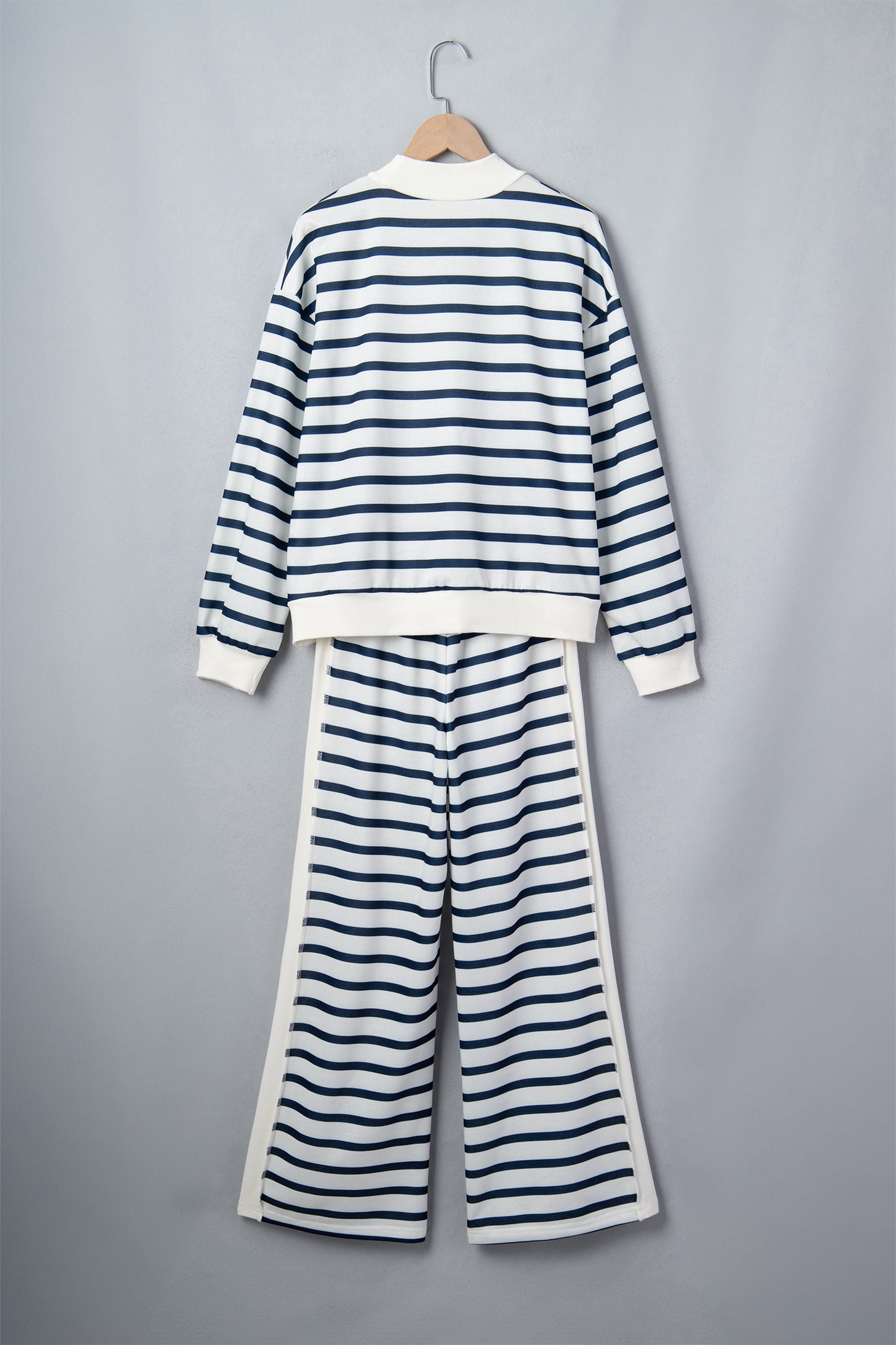 Blue Stripe Striped Ribbed Cuff Collar Pocket Loose Pant Set-Two Piece Sets/Pant Sets-[Adult]-[Female]-2022 Online Blue Zone Planet