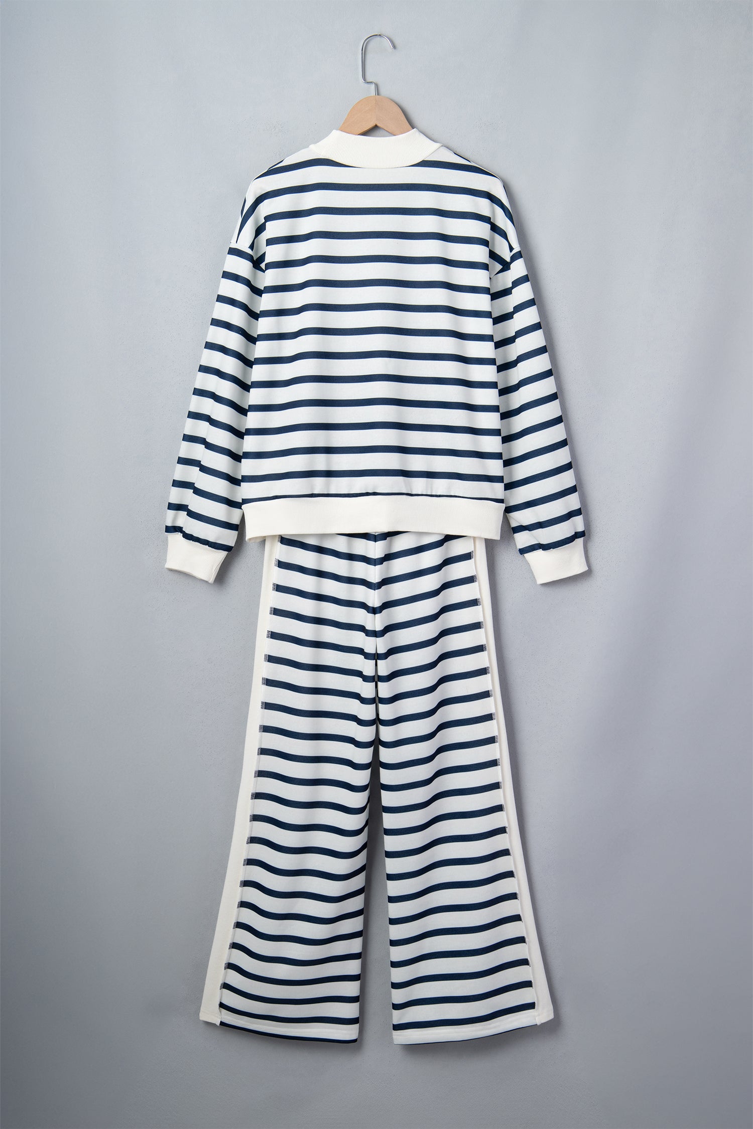 Blue Stripe Striped Ribbed Cuff Collar Pocket Loose Pant Set-Two Piece Sets/Pant Sets-[Adult]-[Female]-2022 Online Blue Zone Planet
