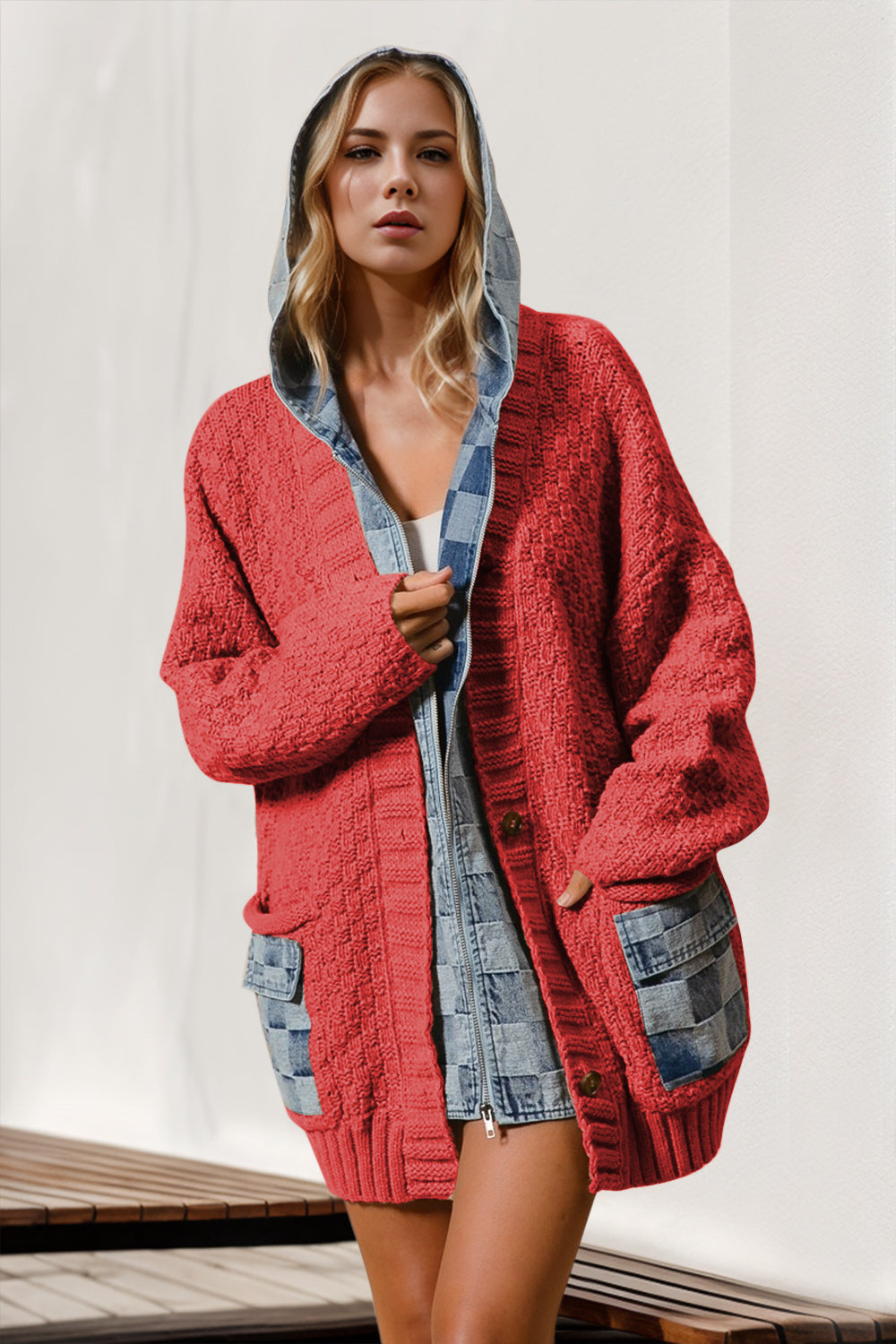 Double Take Full Size Hooded Denim Spliced Sweater Cardigan-TOPS / DRESSES-[Adult]-[Female]-Deep Red-S/M-2022 Online Blue Zone Planet