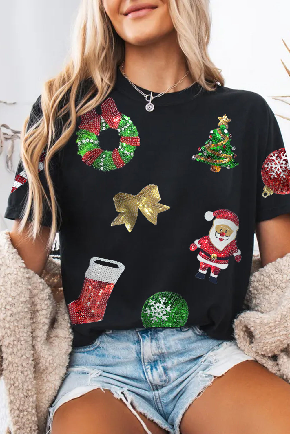 Blue Zone Planet | Black Sequin Christmas Essentials Graphic Crewneck T Shirt-Graphic/Graphic Tees-[Adult]-[Female]-Black-S-2022 Online Blue Zone Planet