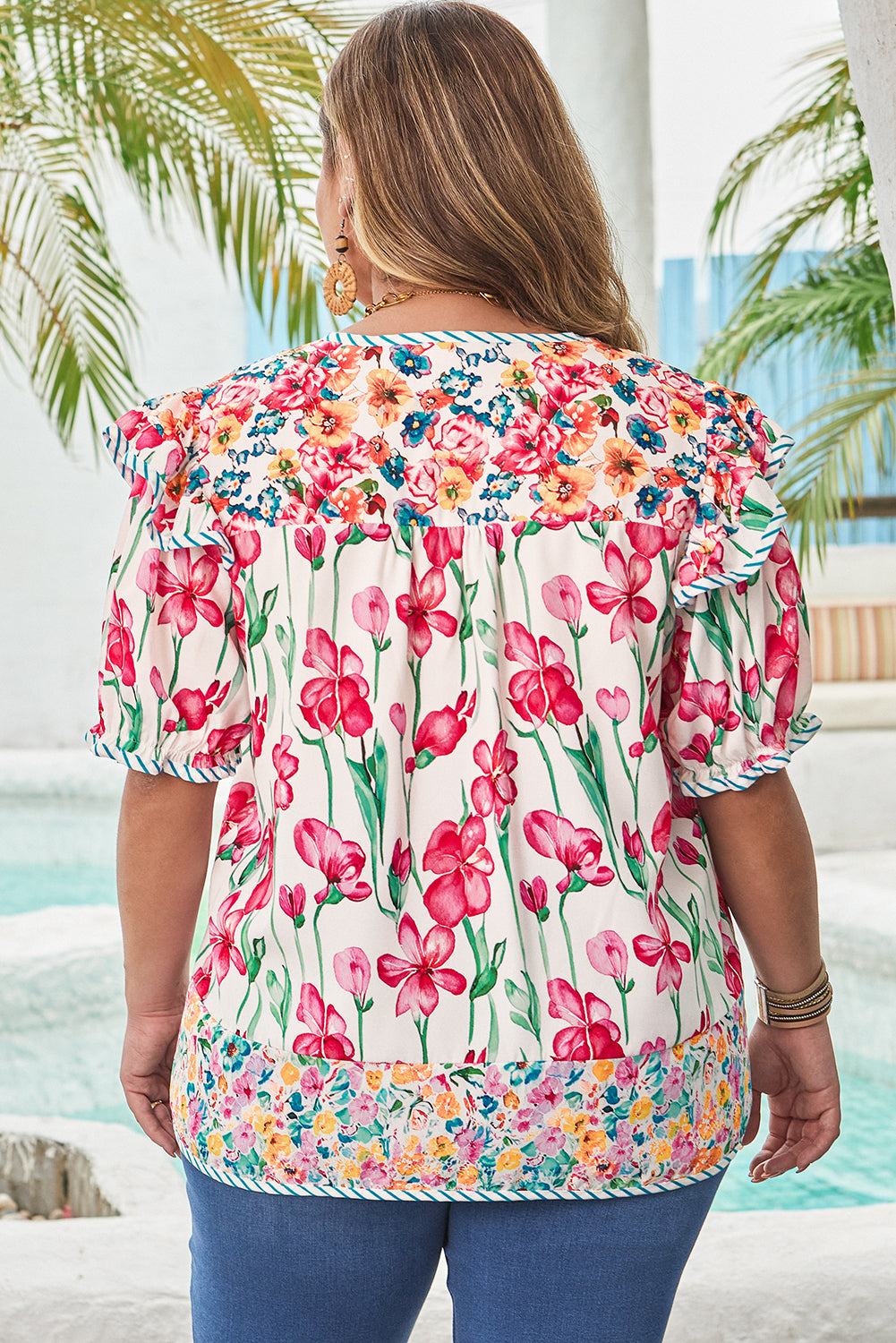 Pink Plus Size Floral Print Striped Trim V Neck Blouse-Plus Size/Plus Size Tops/Plus Size Blouses & Shirts-[Adult]-[Female]-2022 Online Blue Zone Planet