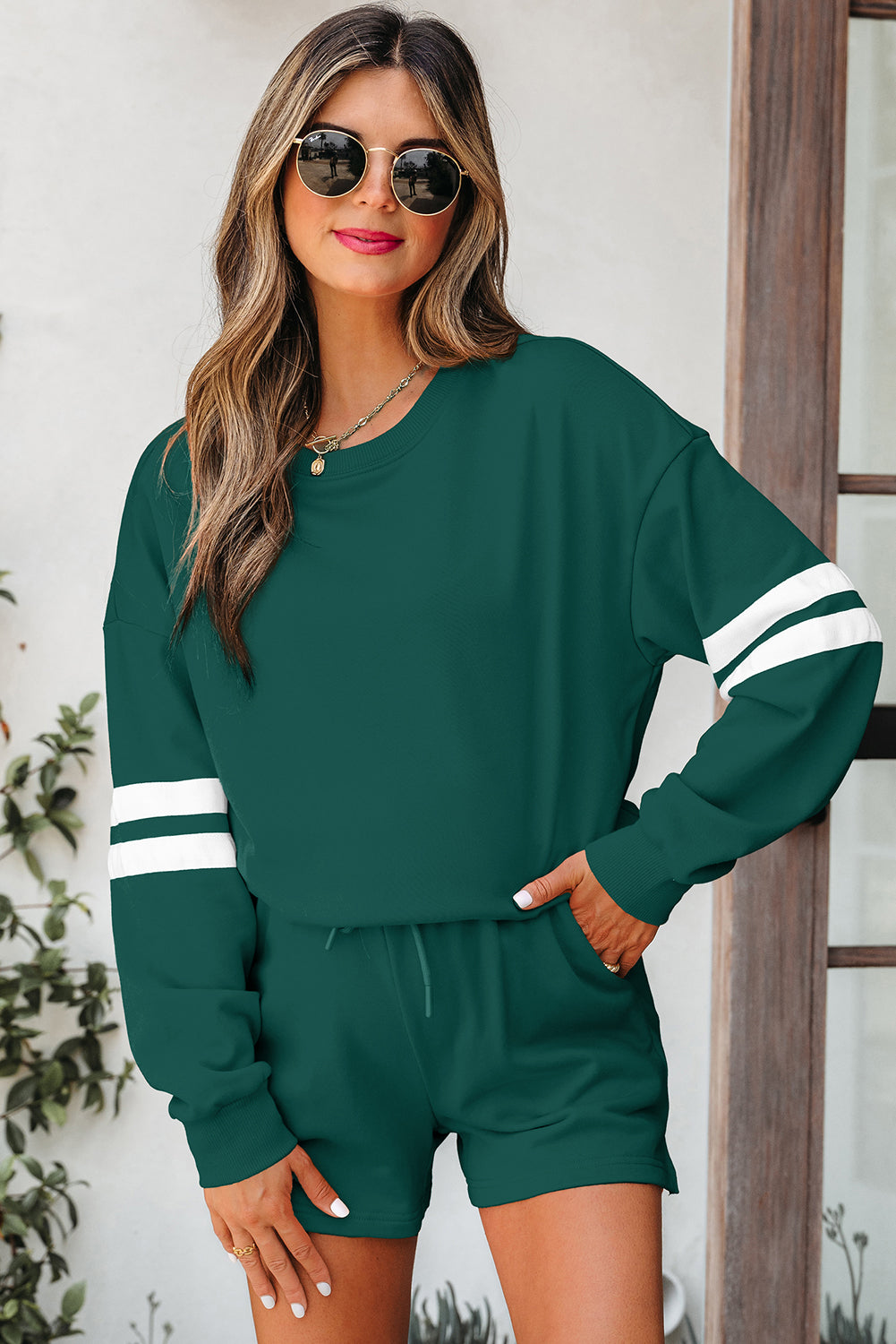 Fiery Red Varsity Striped Sleeve Drop Shoulder Sweatshirt and Short Set-Two Piece Sets/Short Sets-[Adult]-[Female]-Evergreen-S-2022 Online Blue Zone Planet