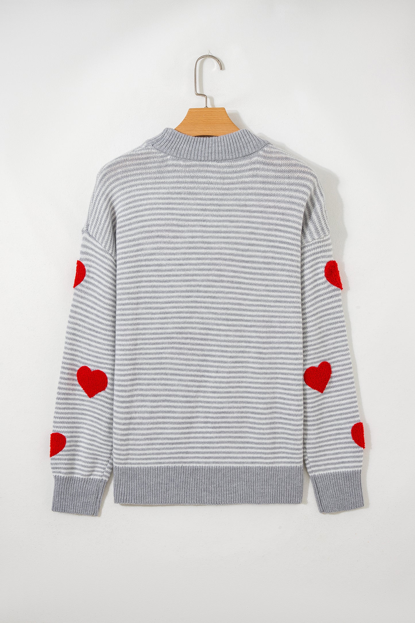 Gray Stripe Contrast Heart Pattern Valentine Knit Sweater-TOPS / DRESSES-[Adult]-[Female]-2022 Online Blue Zone Planet