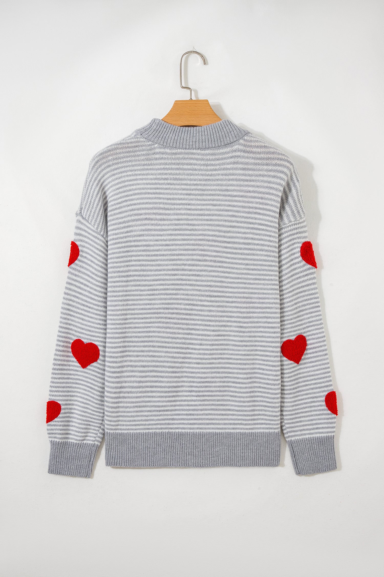 Gray Stripe Contrast Heart Pattern Valentine Knit Sweater-TOPS / DRESSES-[Adult]-[Female]-2022 Online Blue Zone Planet